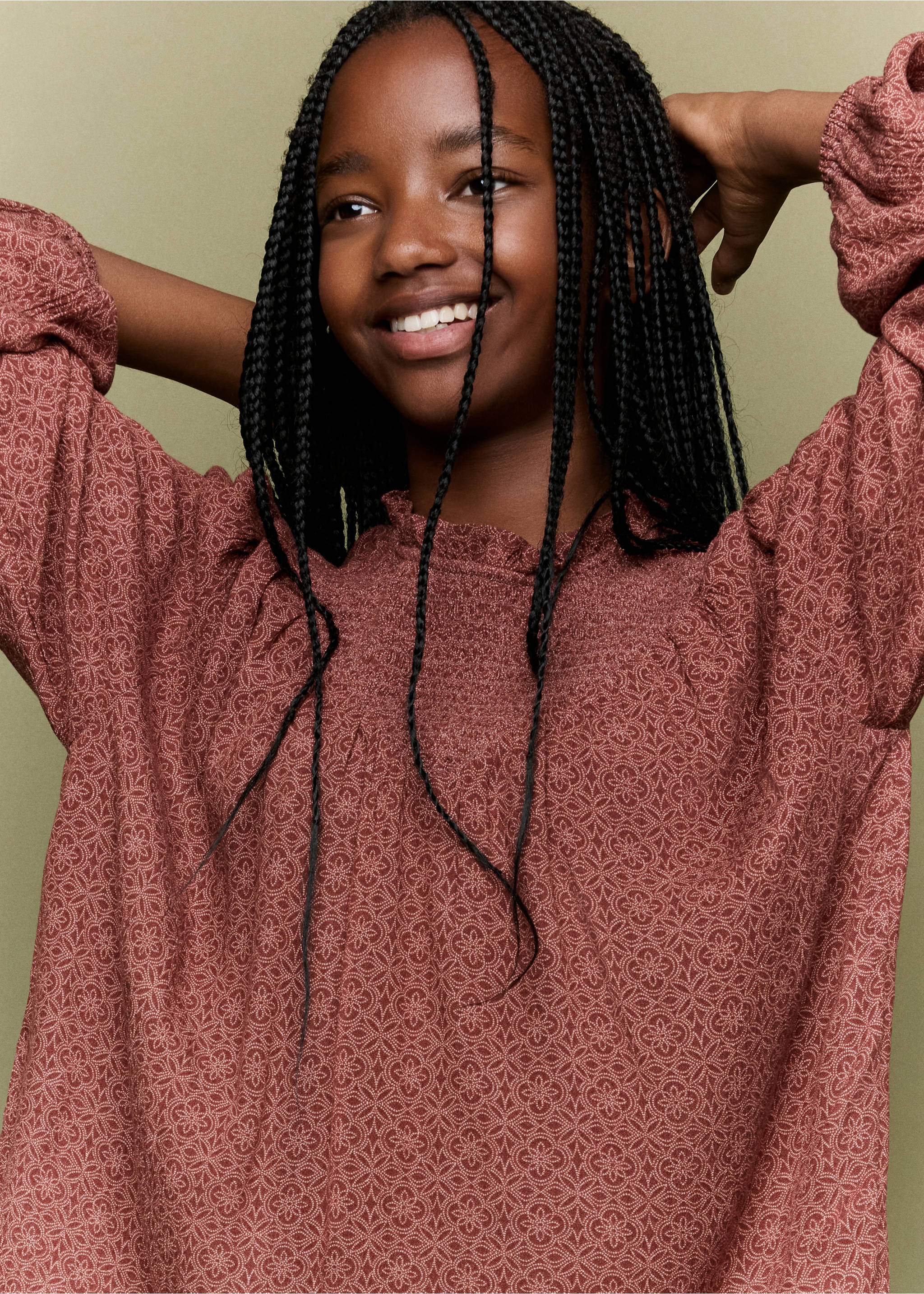 Reddish-brown printed blouse with a ruffled collar and smocked chest detailing., Russet. Ref: 37098270-00.
