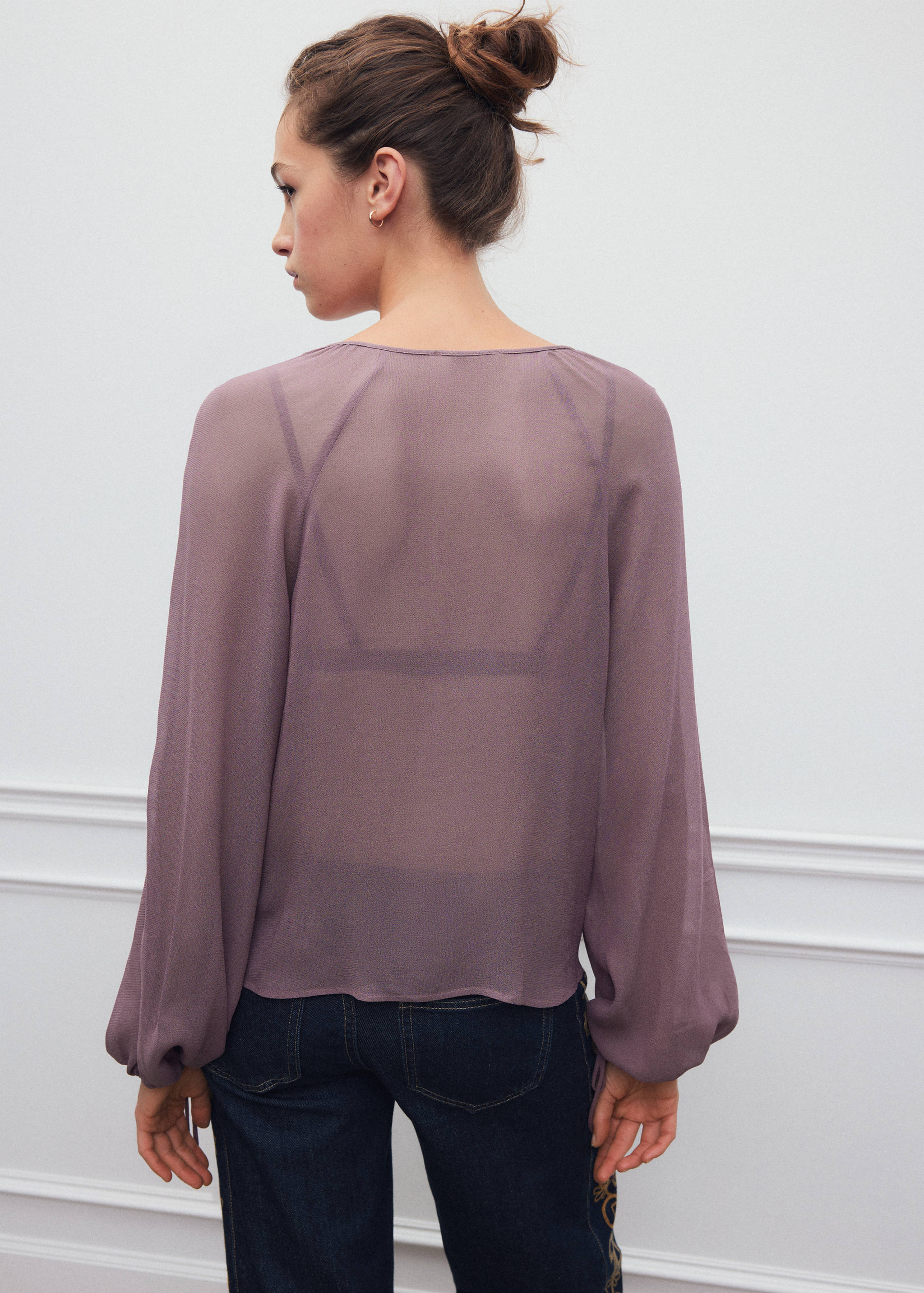 Mauve sheer long-sleeve shirt, back view