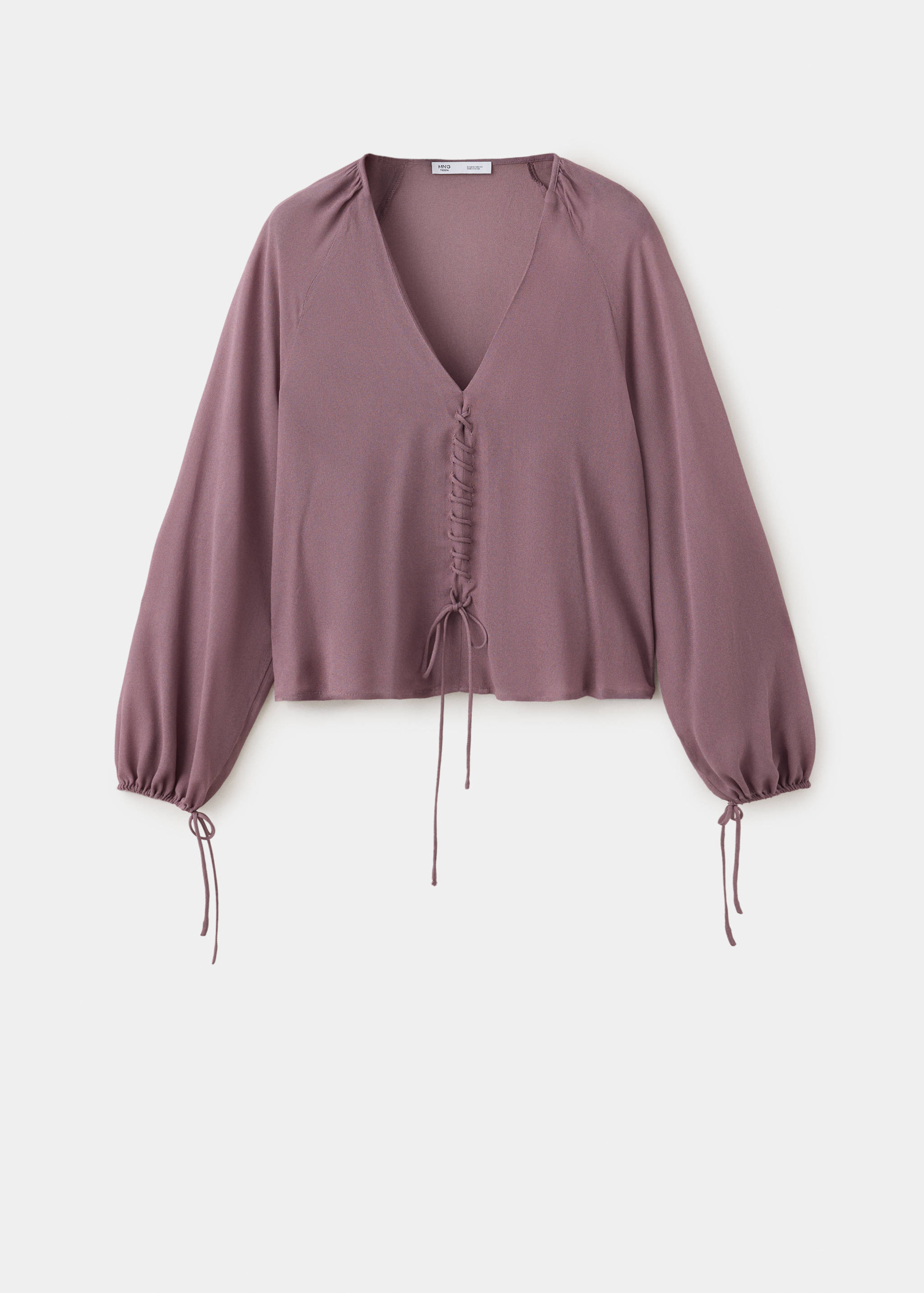 Dusty mauve V-neck shirt with long sleeves and front tie fastenings.