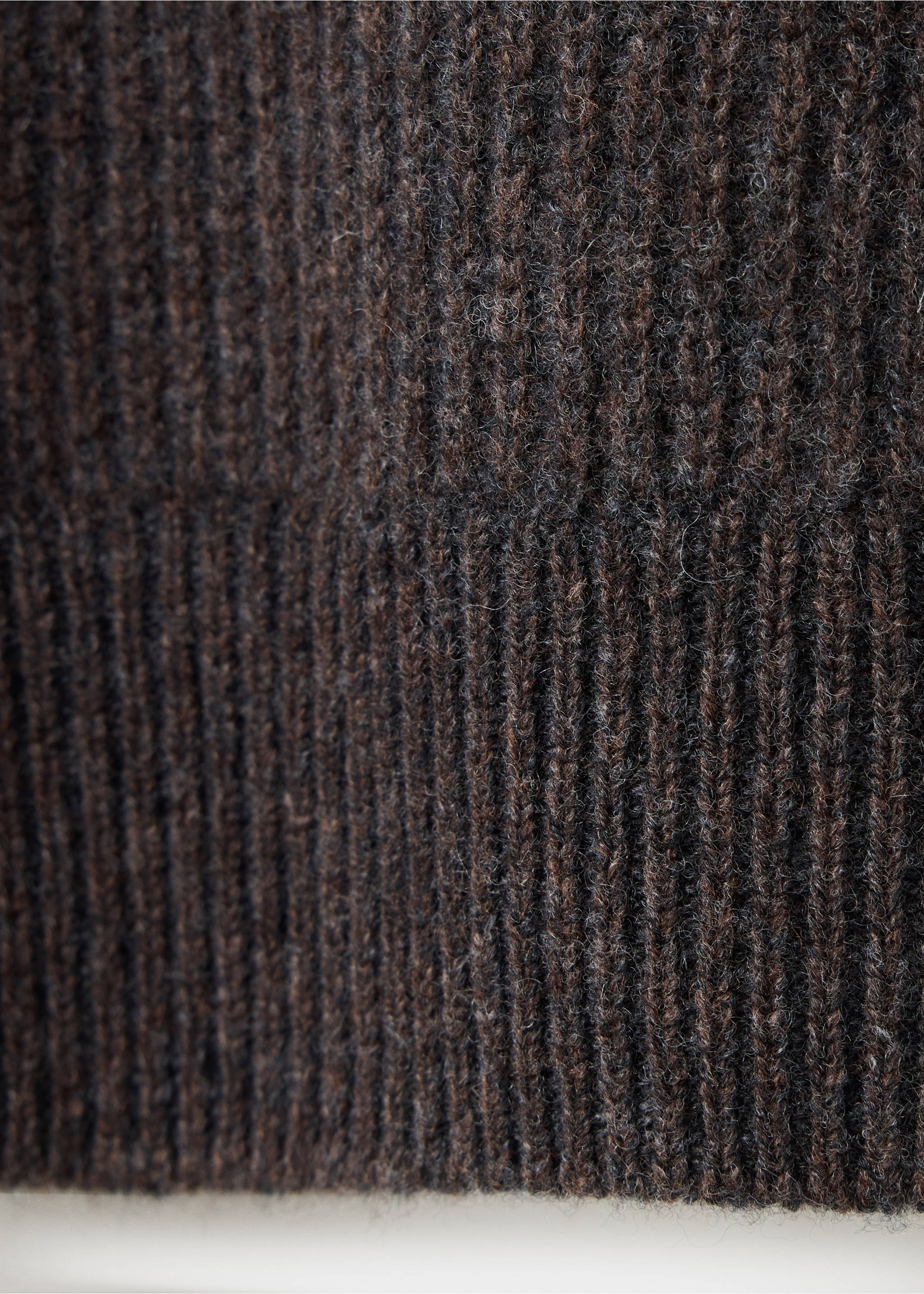 Close-up of a dark brown ribbed knit sweater showing its textured pattern., Chocolate. Ref: 37098273-00.