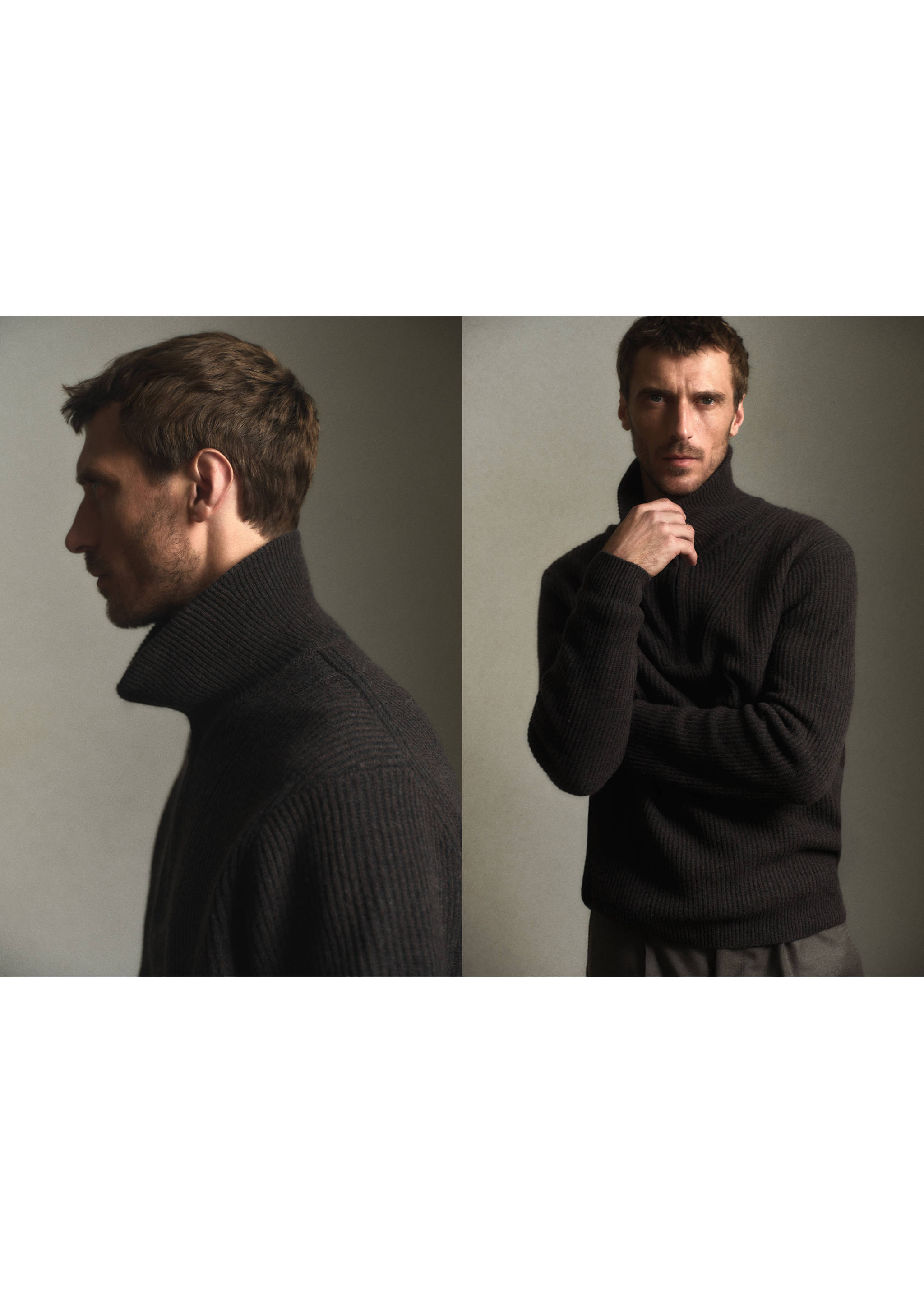 Dark grey ribbed knit jersey with a high collar, shown in side and front views., Chocolate. Ref: 37098273-00.