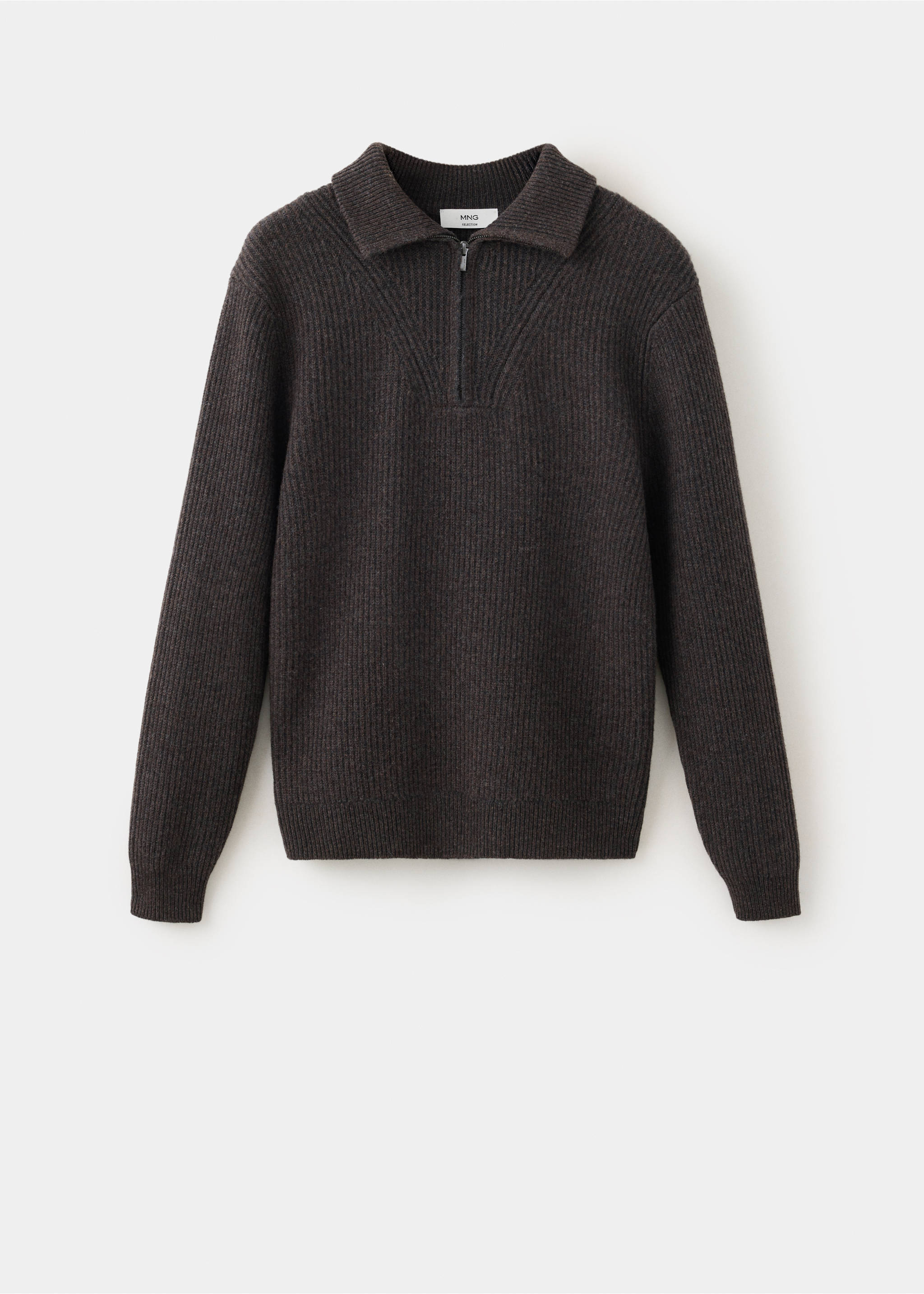 Dark brown ribbed knit jumper with collar and short zip., Chocolate. Ref: 37098273-00.
