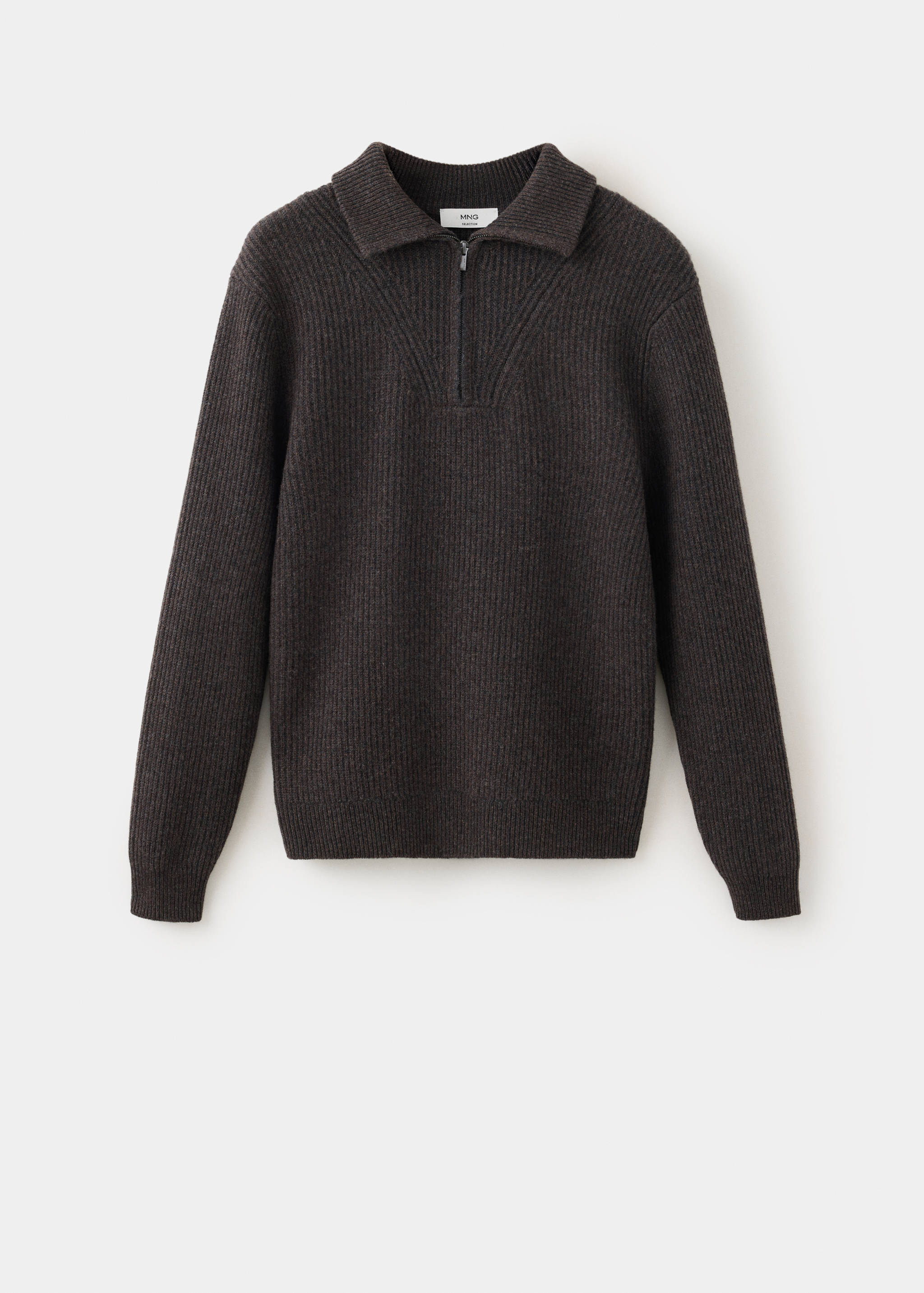 Dark brown ribbed knit jumper with collar and short zip.