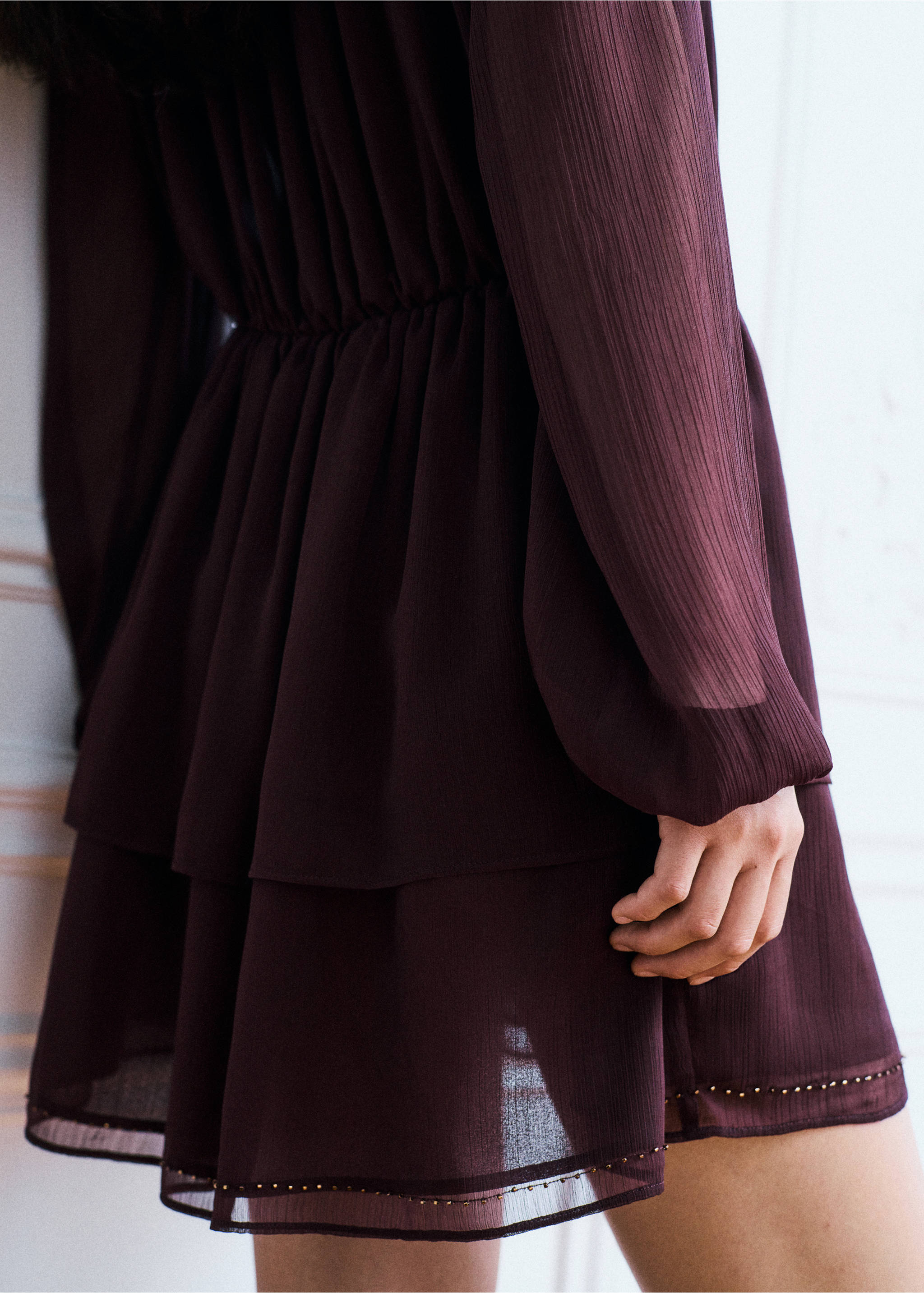 Plum purple mini dress with sheer long sleeves and tiered skirt, back view., Purple. Ref: 37098275-00.