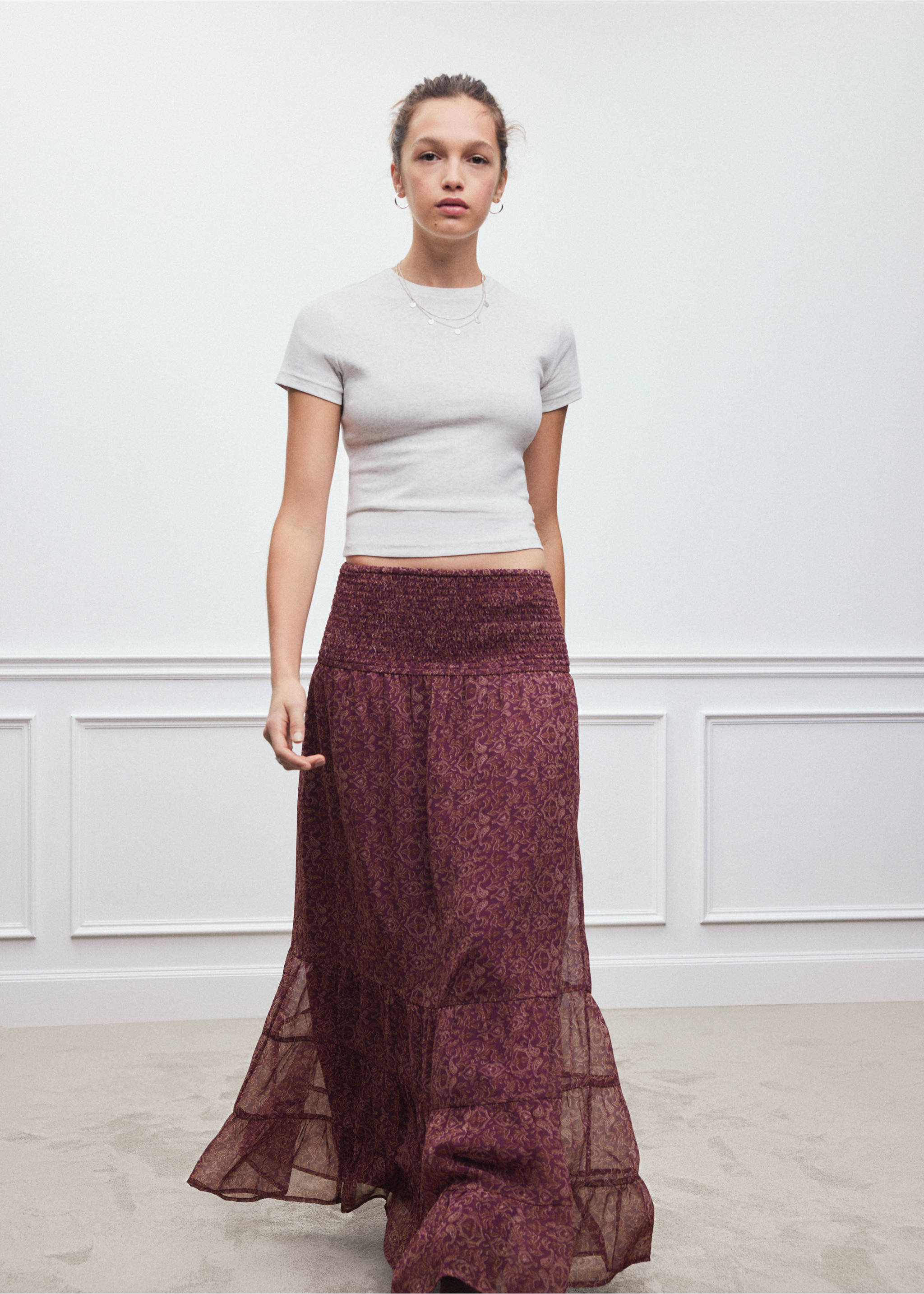 Long dark red printed skirt with a smocked elasticated waistband., Pink. Ref: 37098276-00.
