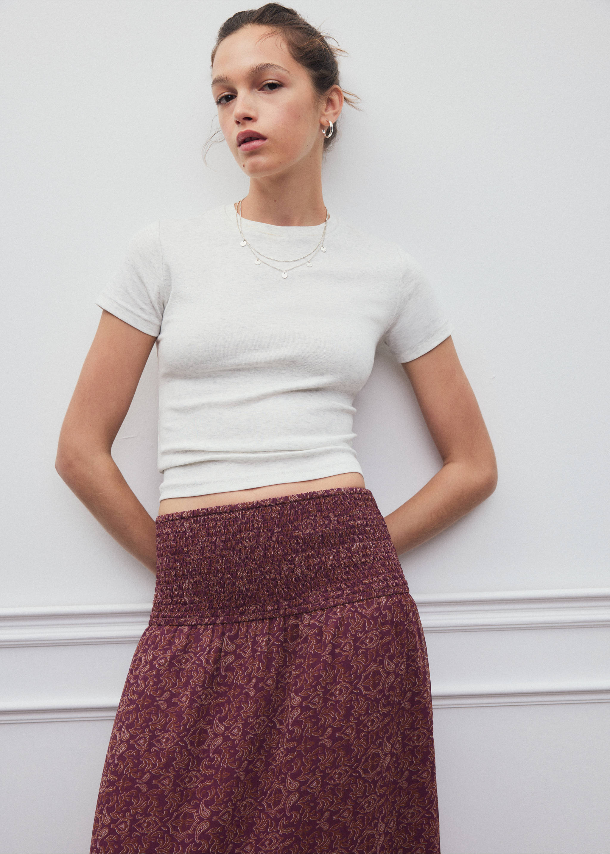 Burgundy printed midi skirt with a wide smocked waistband, Pink. Ref: 37098276-00.