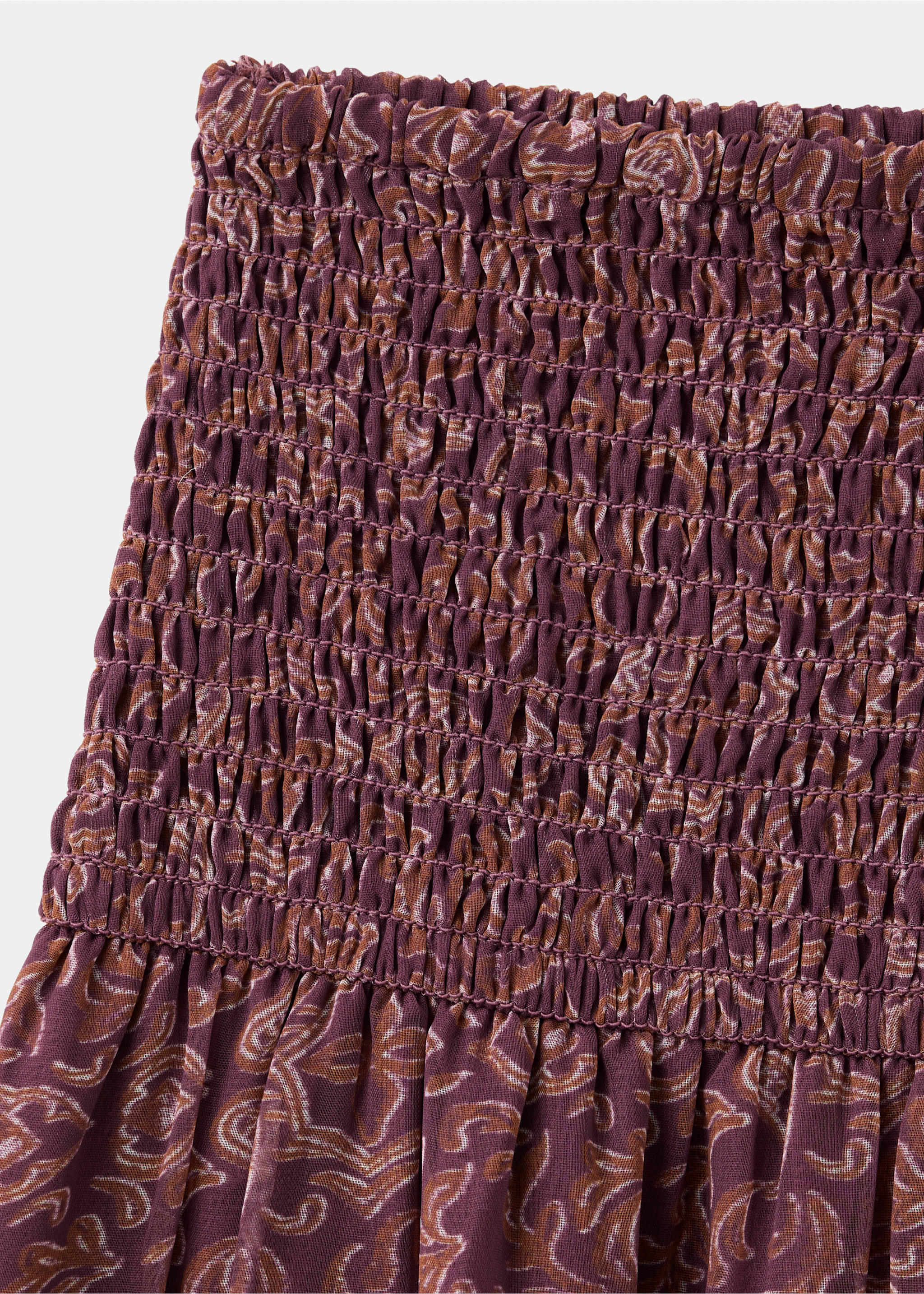 Burgundy printed skirt detail showing smocked elastic waist., Pink. Ref: 37098276-00.