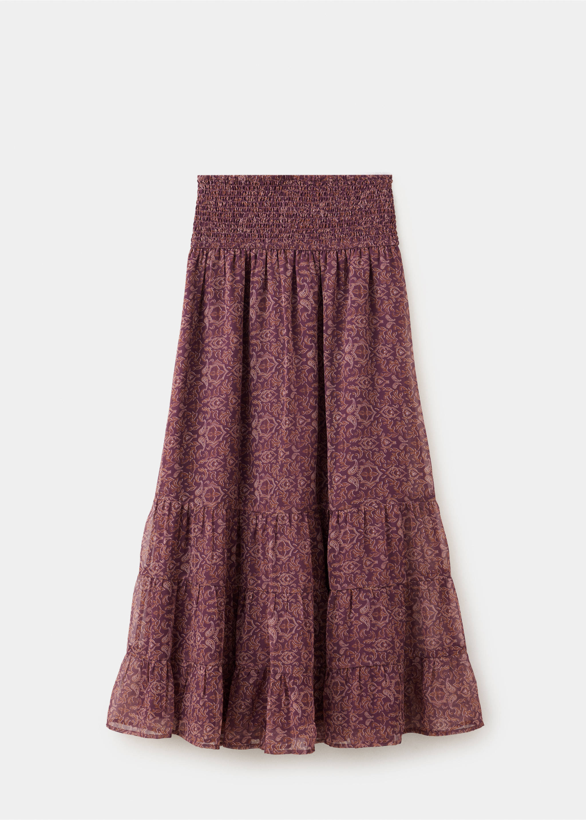 Mauve tiered printed skirt with a wide smocked elasticated waistband and midi length., Pink. Ref: 37098276-00.