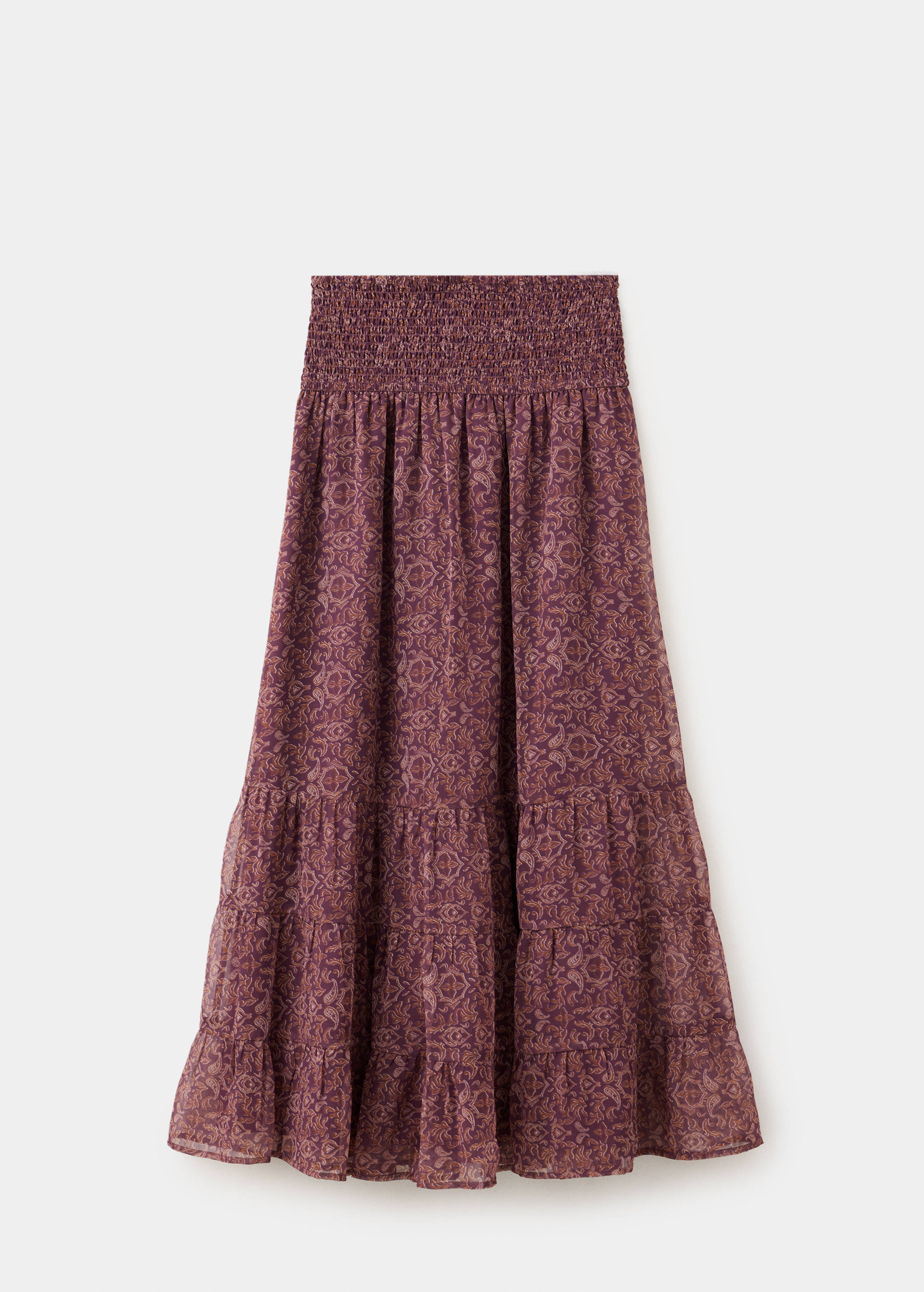 Mauve tiered printed skirt with a wide smocked elasticated waistband and midi length.
