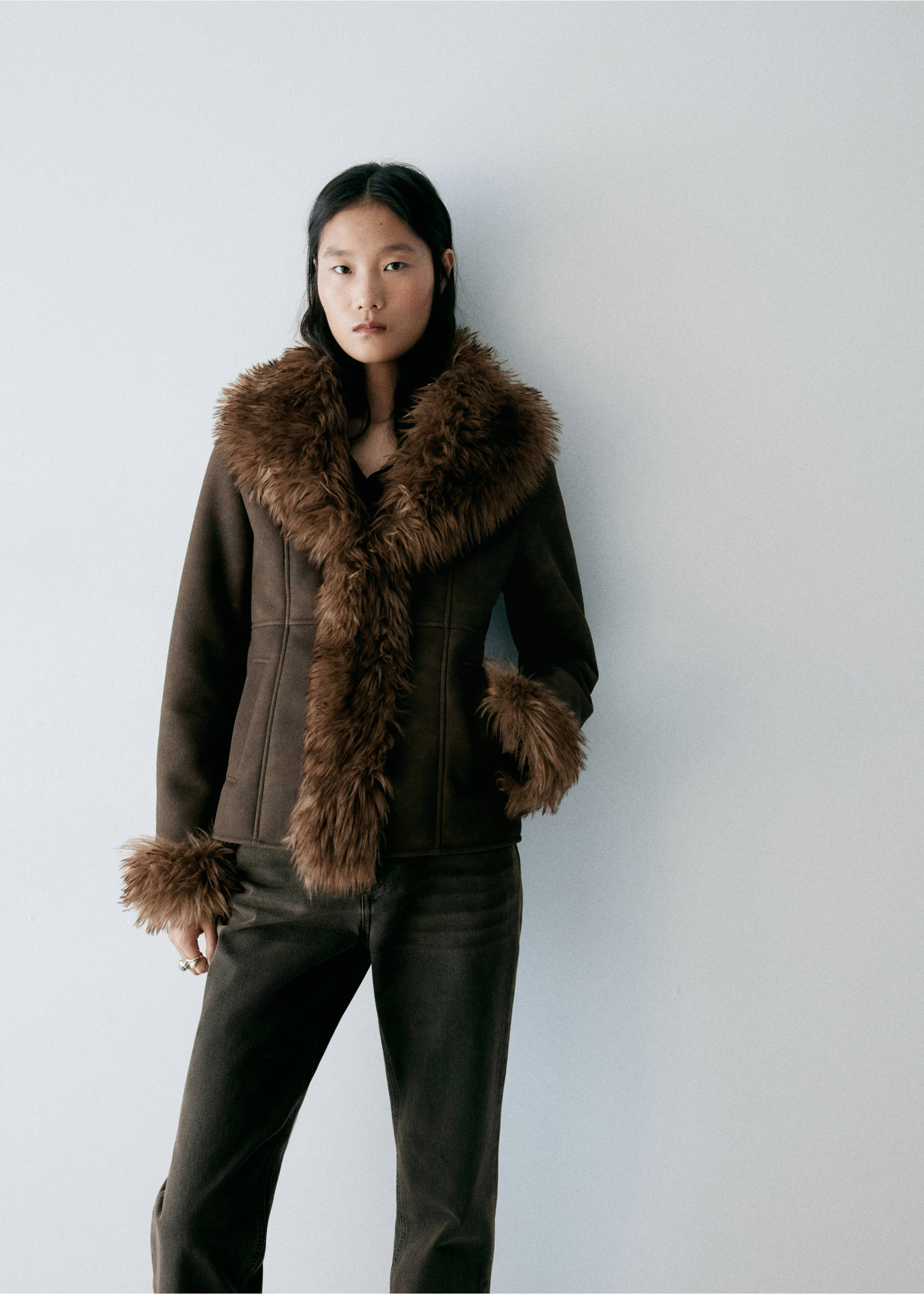 Suede-effect faux-fur jacket - Medium plane, Brown. Ref: 37098277-00.