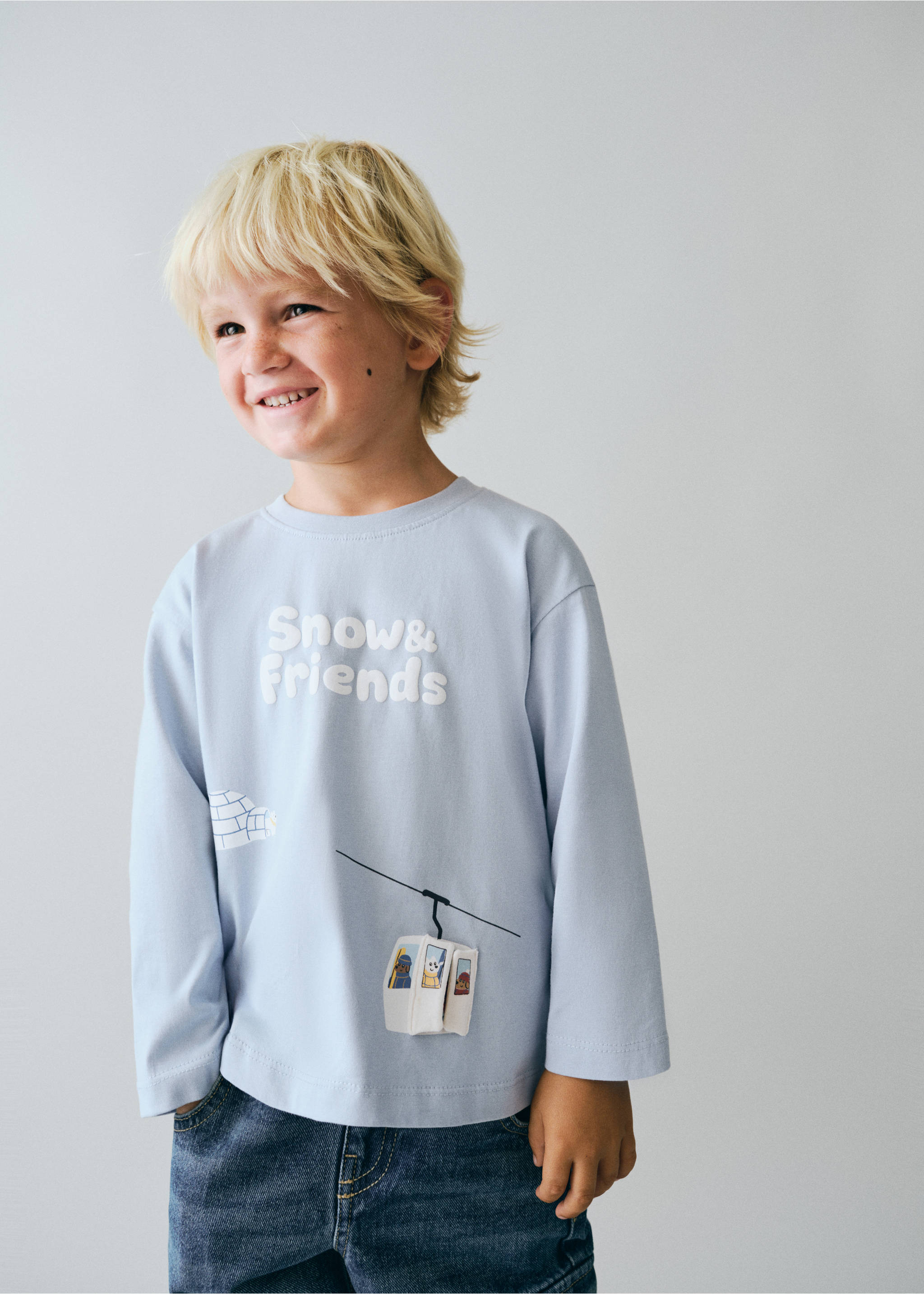 T-shirt coton détail imprimé - Plan général, Bleu ciel. Ref: 37098278-00.