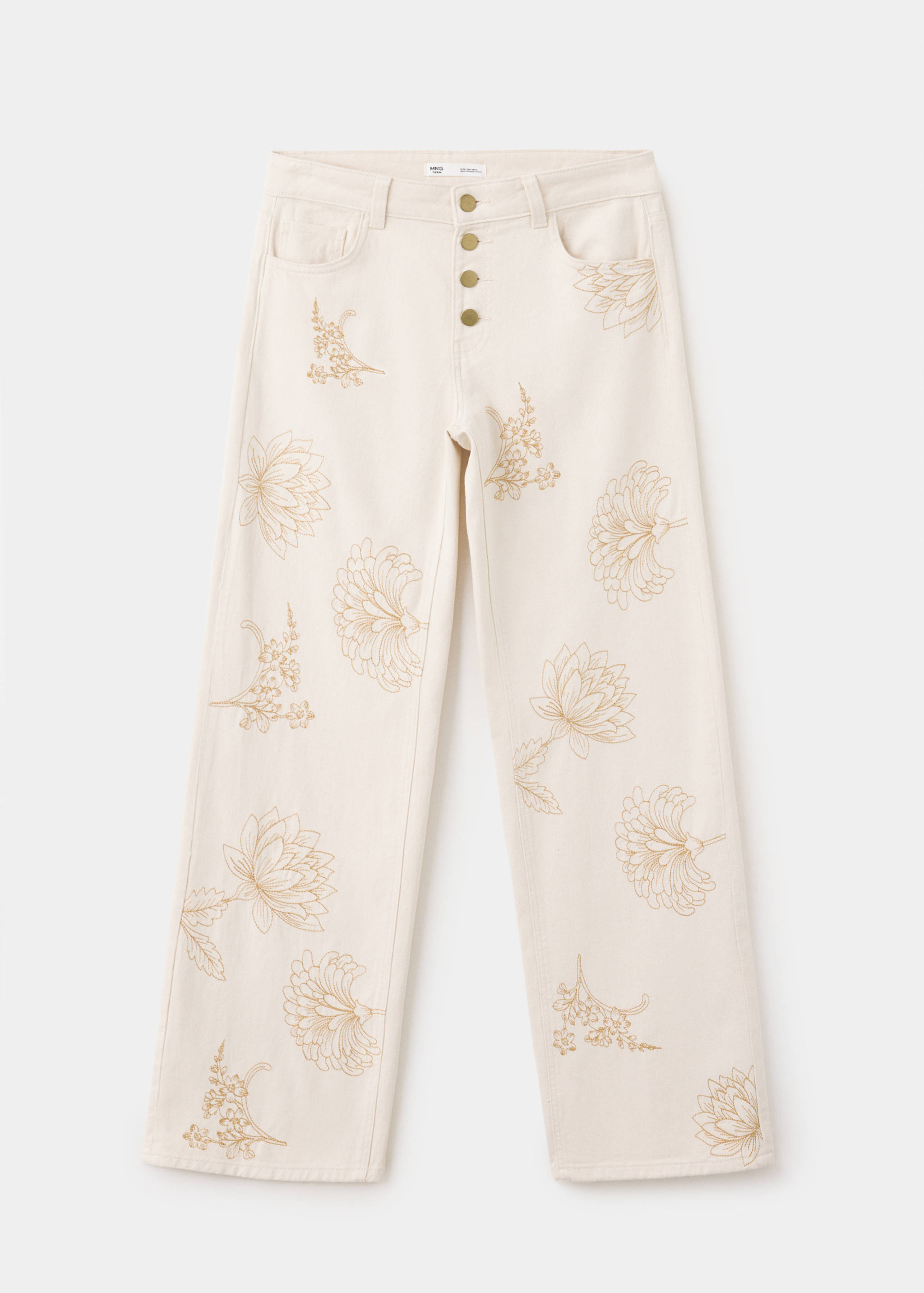 Cream embroidered denim trousers with brass buttons.