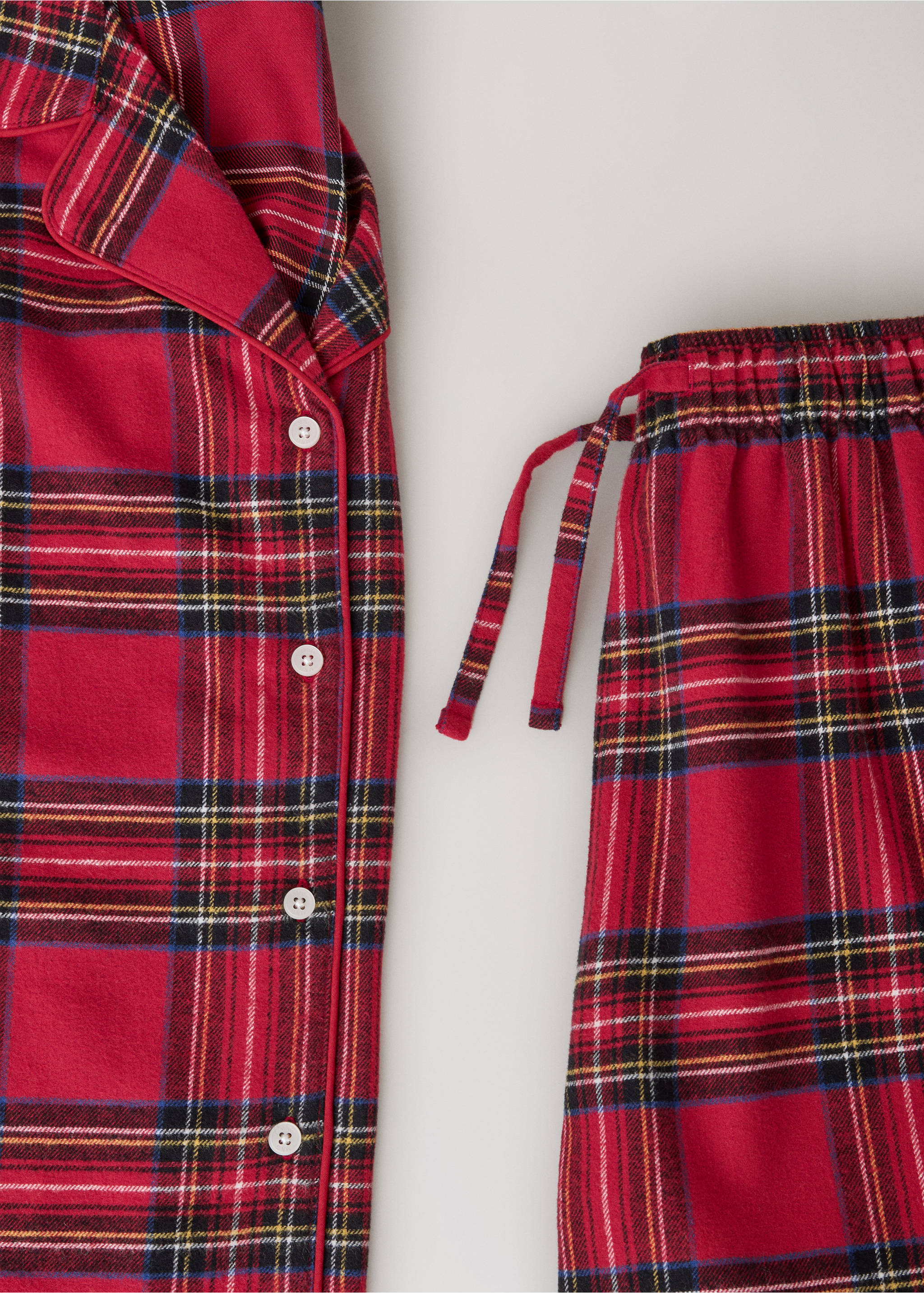 Red tartan flannel pyjama set with button-down top and trousers., Red. Ref: 37098281-00.