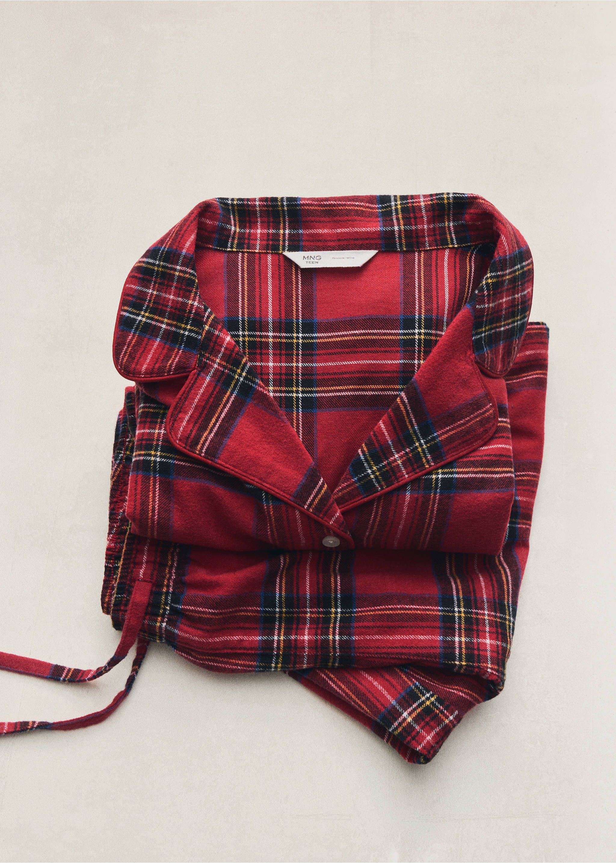 Red tartan check flannel pyjamas featuring a lapel collar and drawstring trousers., Red. Ref: 37098281-00.
