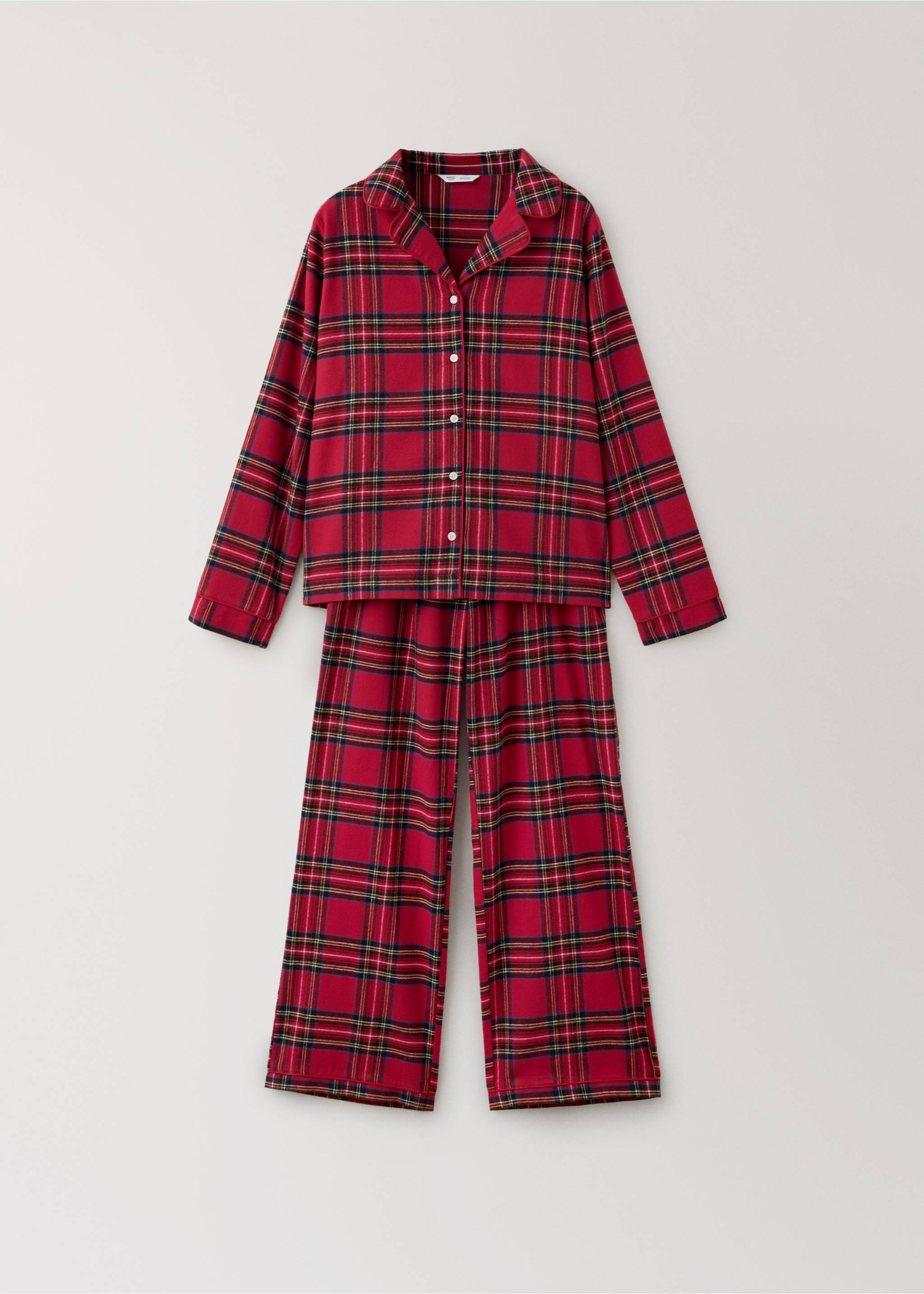 Red plaid pajama set with a button-up long-sleeve shirt and matching trousers., Red. Ref: 37098281-00.