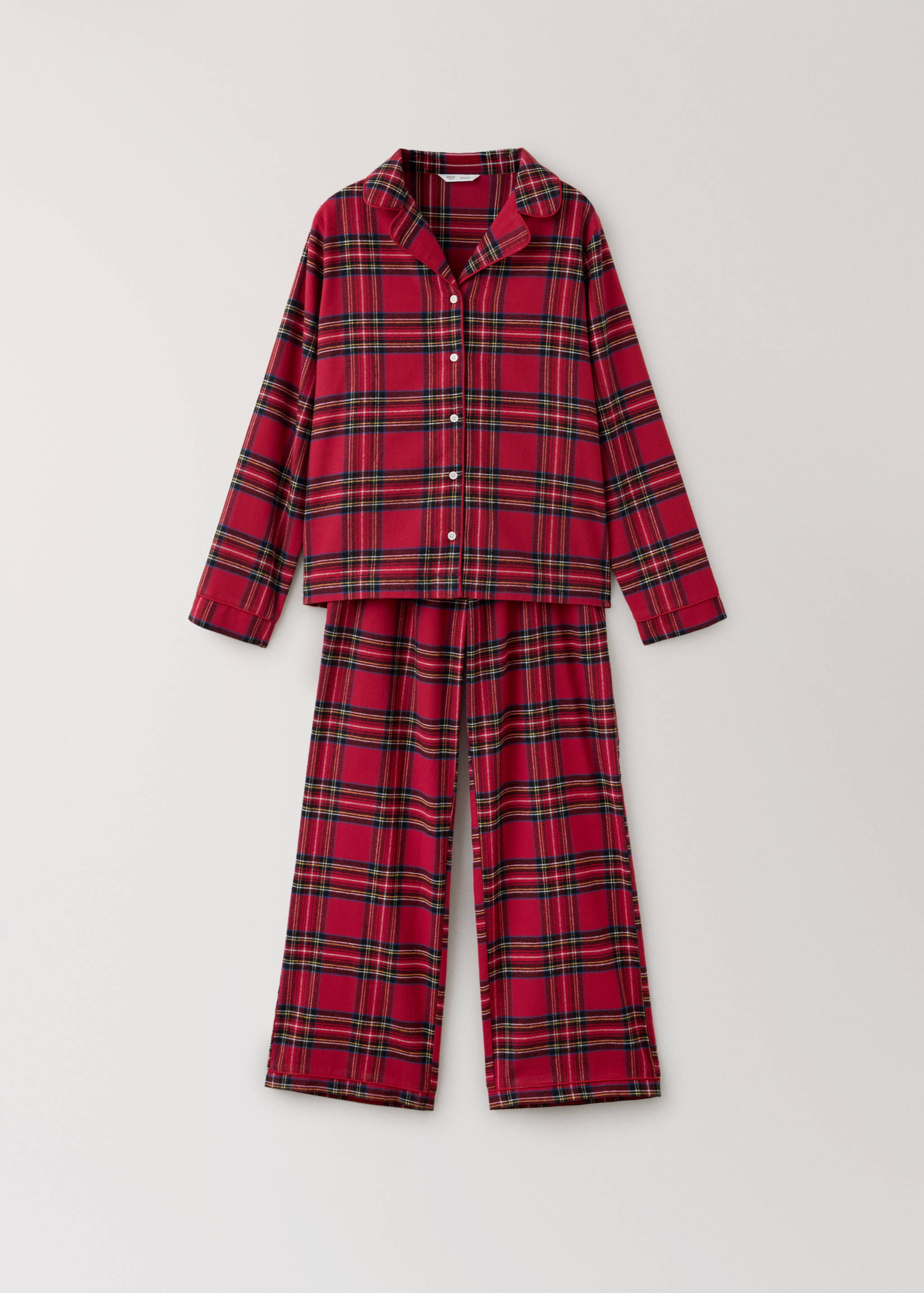 Red plaid pajama set with a button-up long-sleeve shirt and matching trousers.