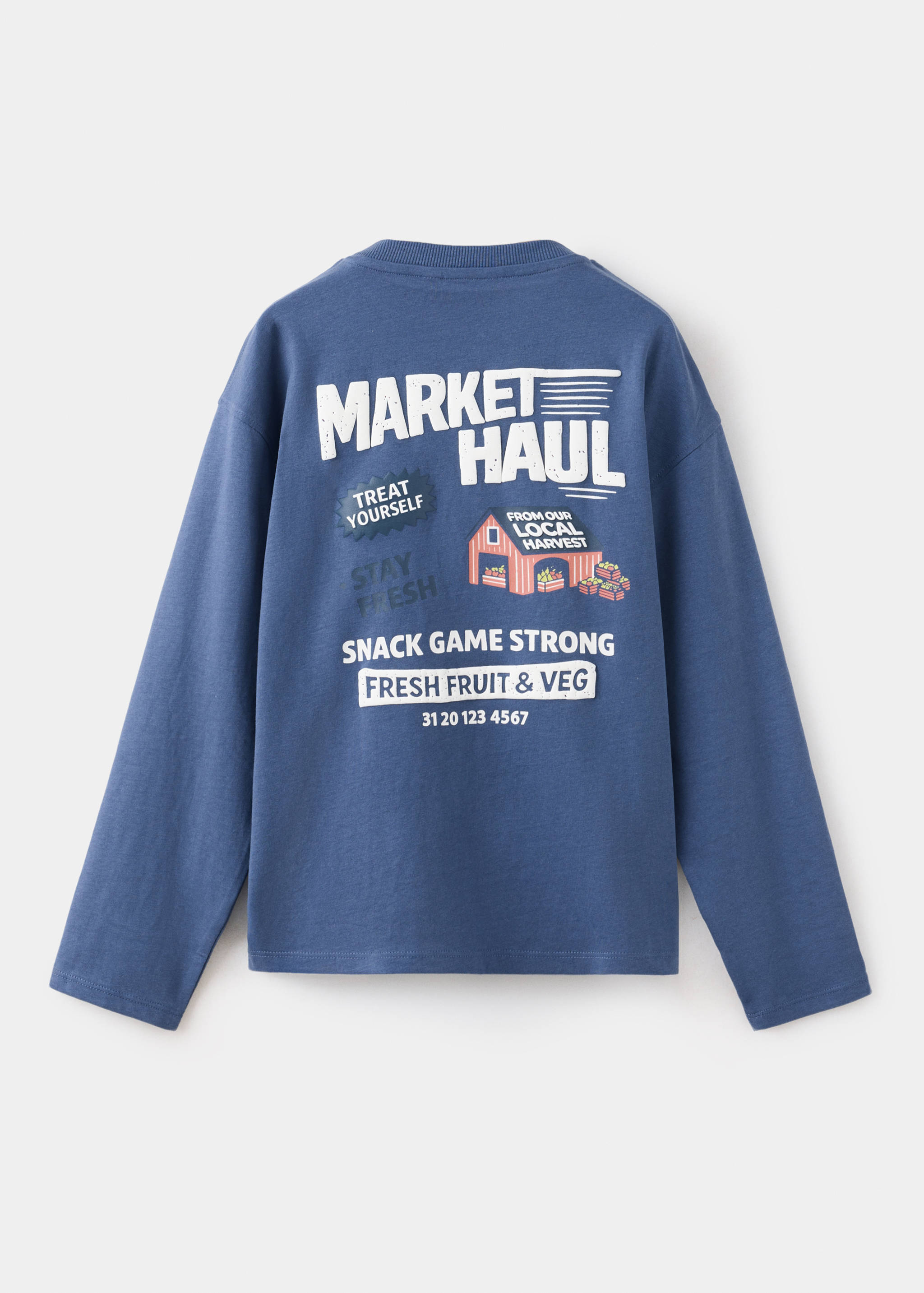 Blue long-sleeved children's t-shirt, back view with market haul graphic print.