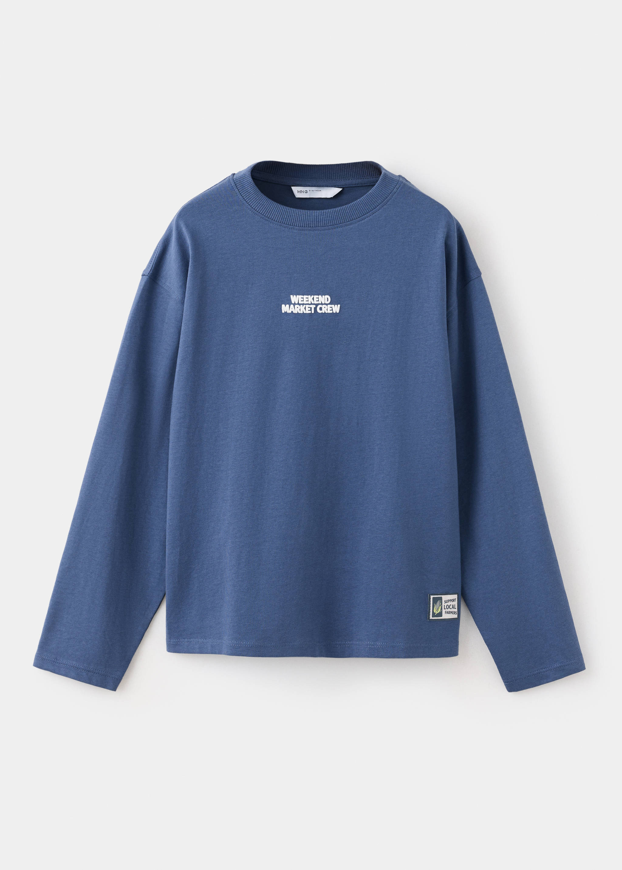 Blue long-sleeved t-shirt with crew neck and white chest print.