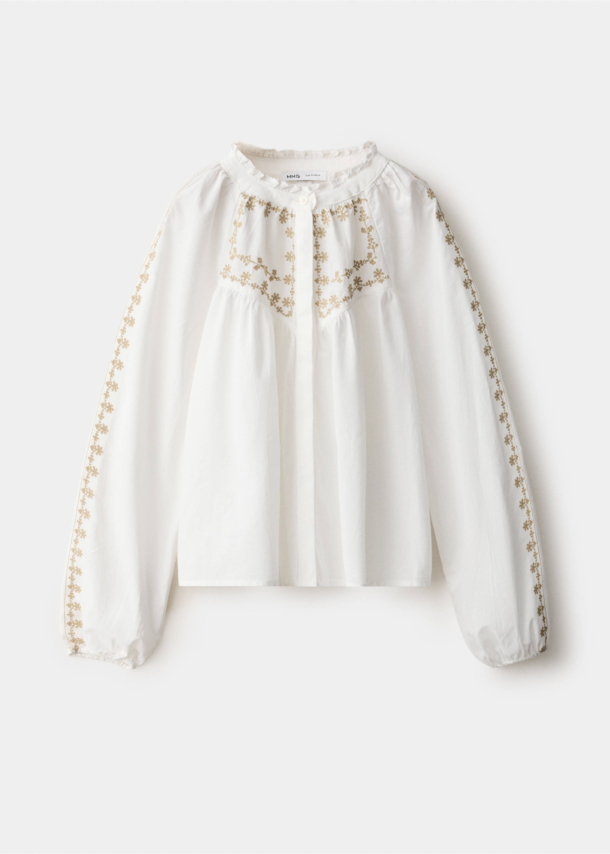 White embroidered kids' shirt with ruffled collar and long sleeves., White. Ref: 37098634-00.