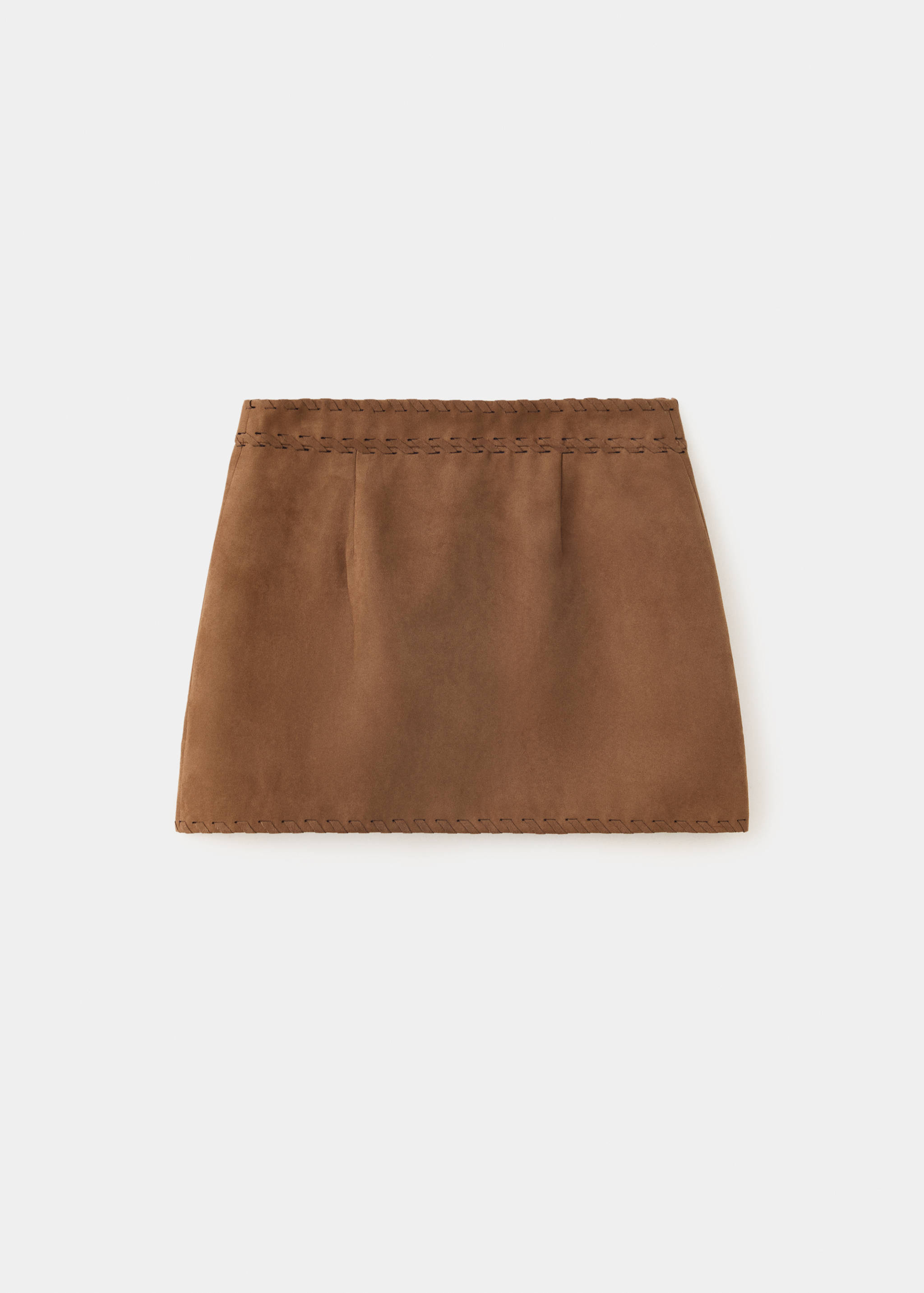 Brown children's skirt, back view with decorative whipstitch trim.