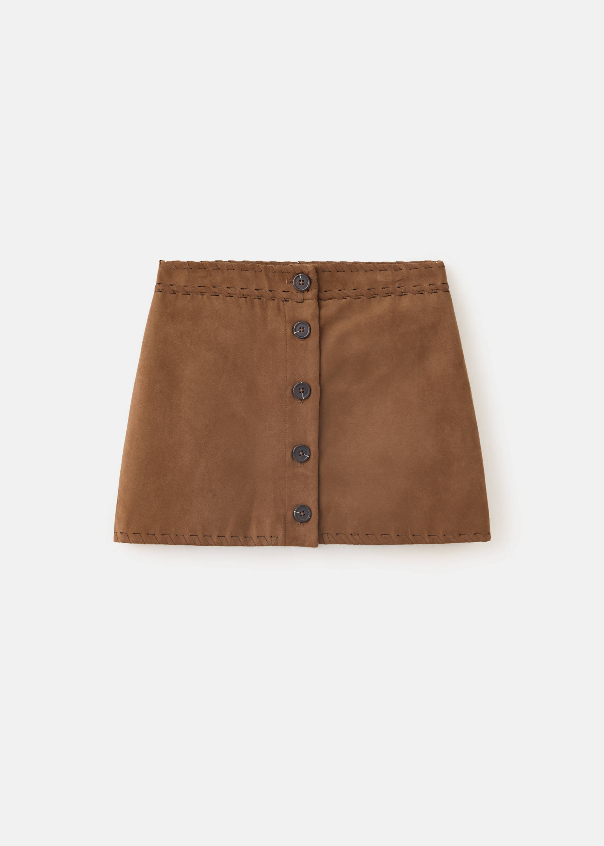 Brown suede-effect mini skirt with a button placket and whipstitch trim., Brown. Ref: 37098635-00.