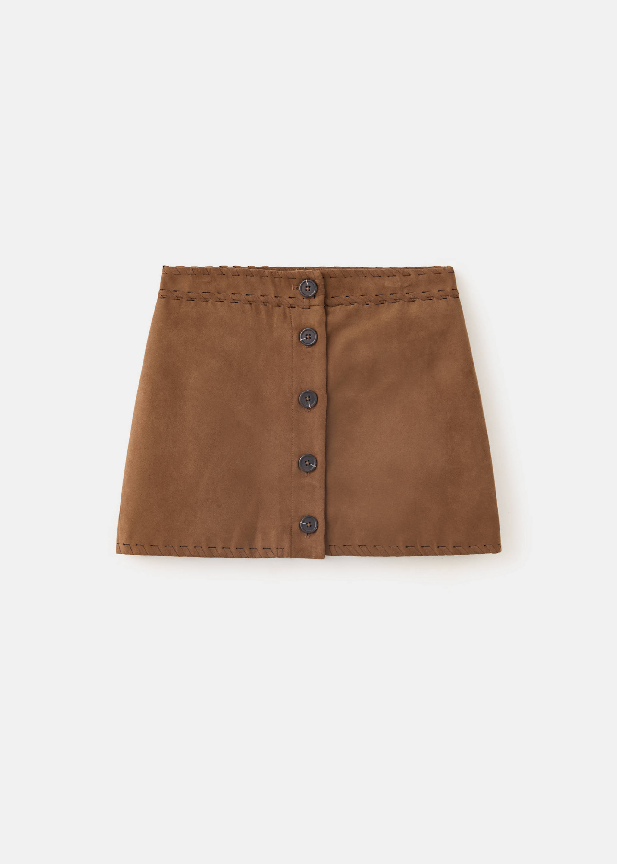 Brown suede-effect mini skirt with a button placket and whipstitch trim.