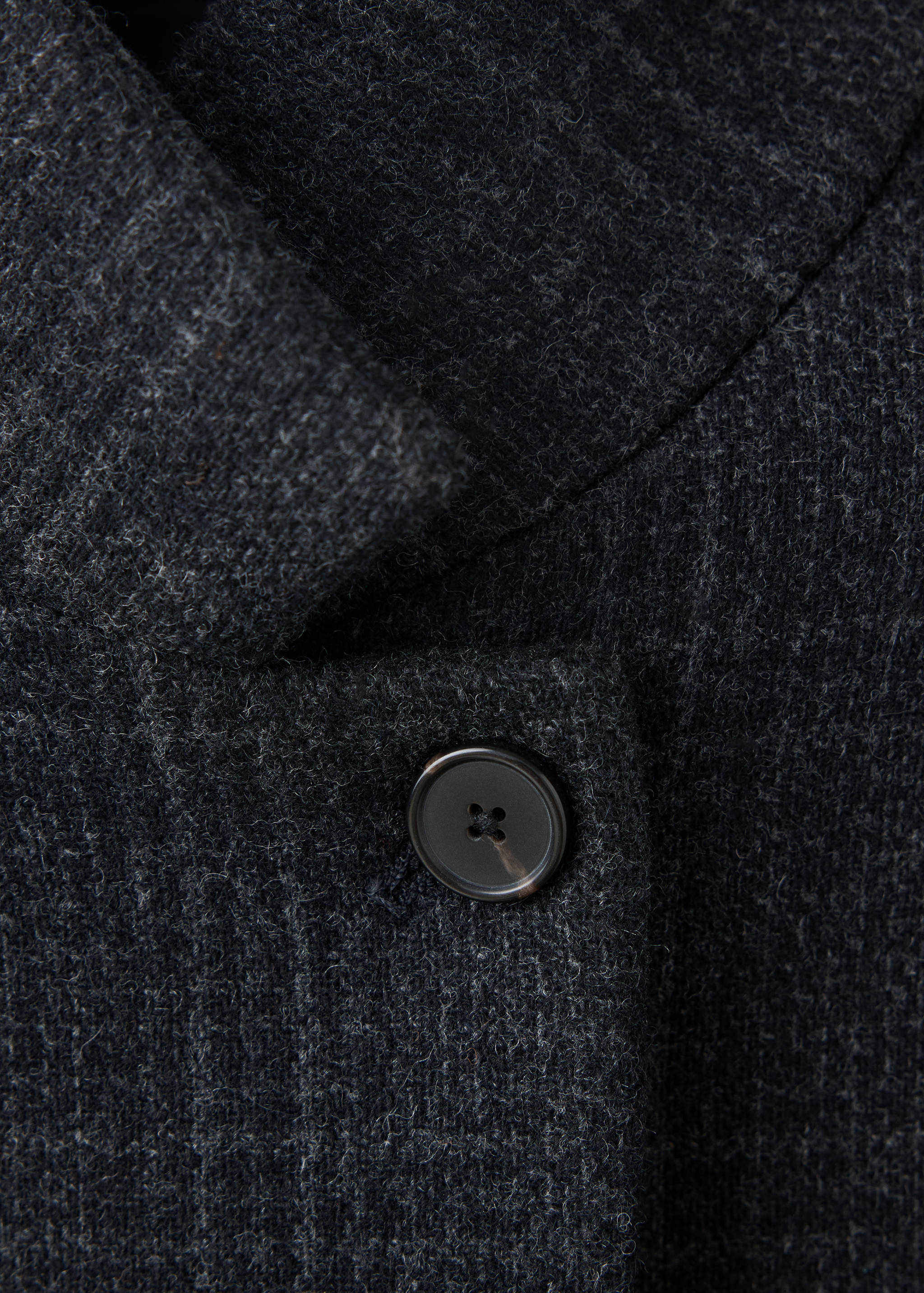 Close-up of a dark grey coat showing the lapel collar and button detail.