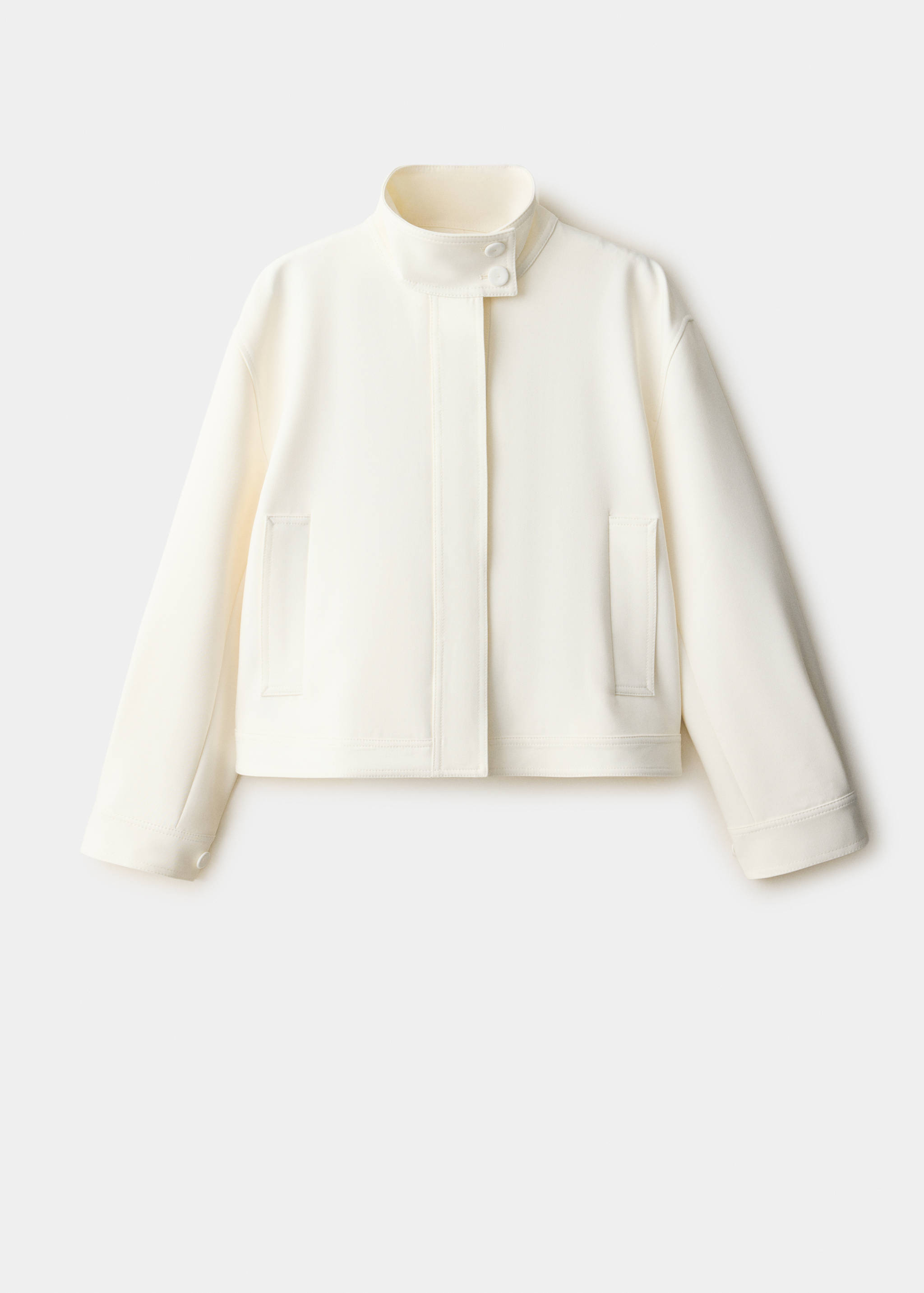 Off-white cropped jacket with a high funnel neck and hidden placket.