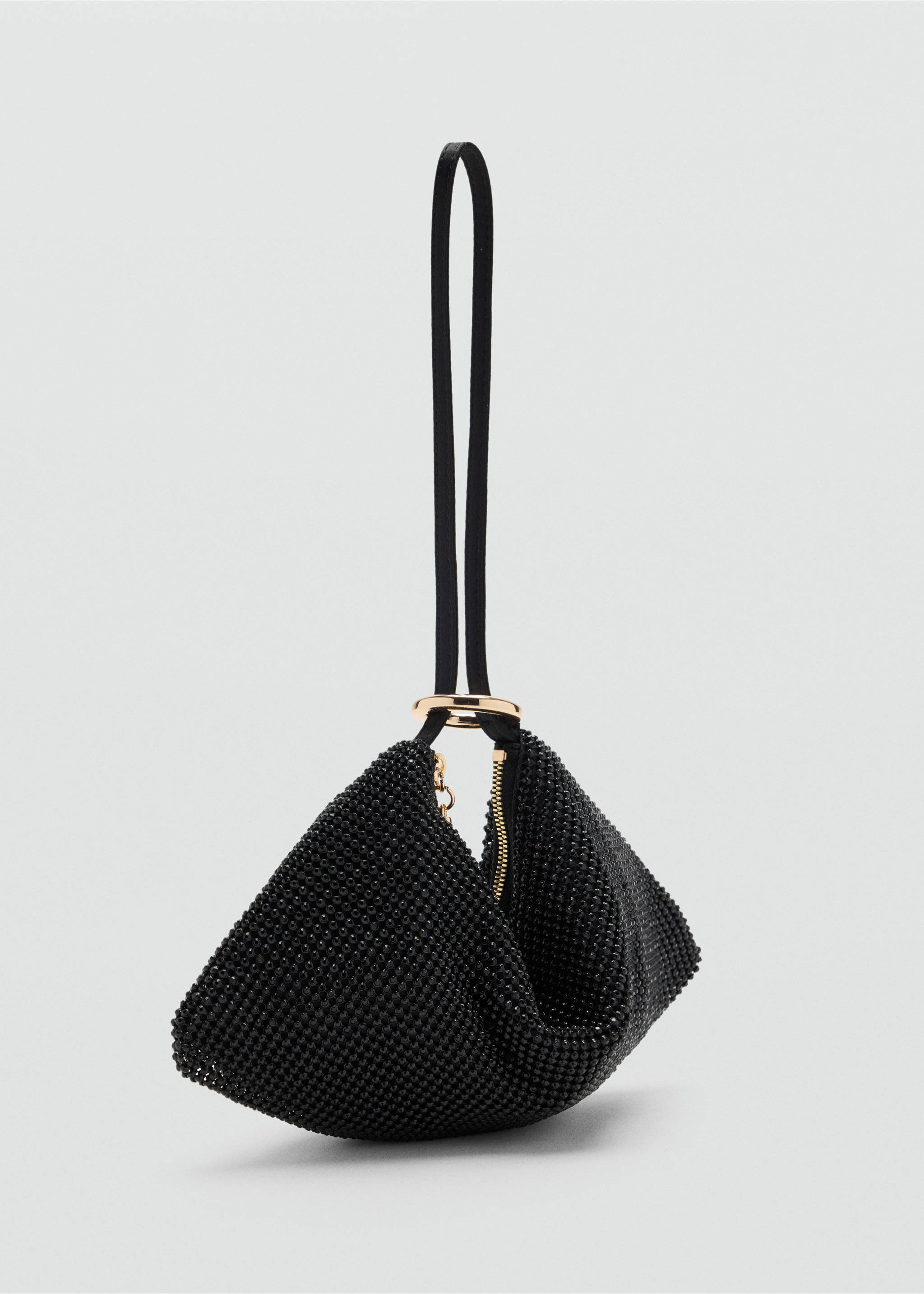 Black rhinestone-embellished handbag with a draped triangular shape and a thin strap through a gold ring., Black. Ref: 37099113-00.
