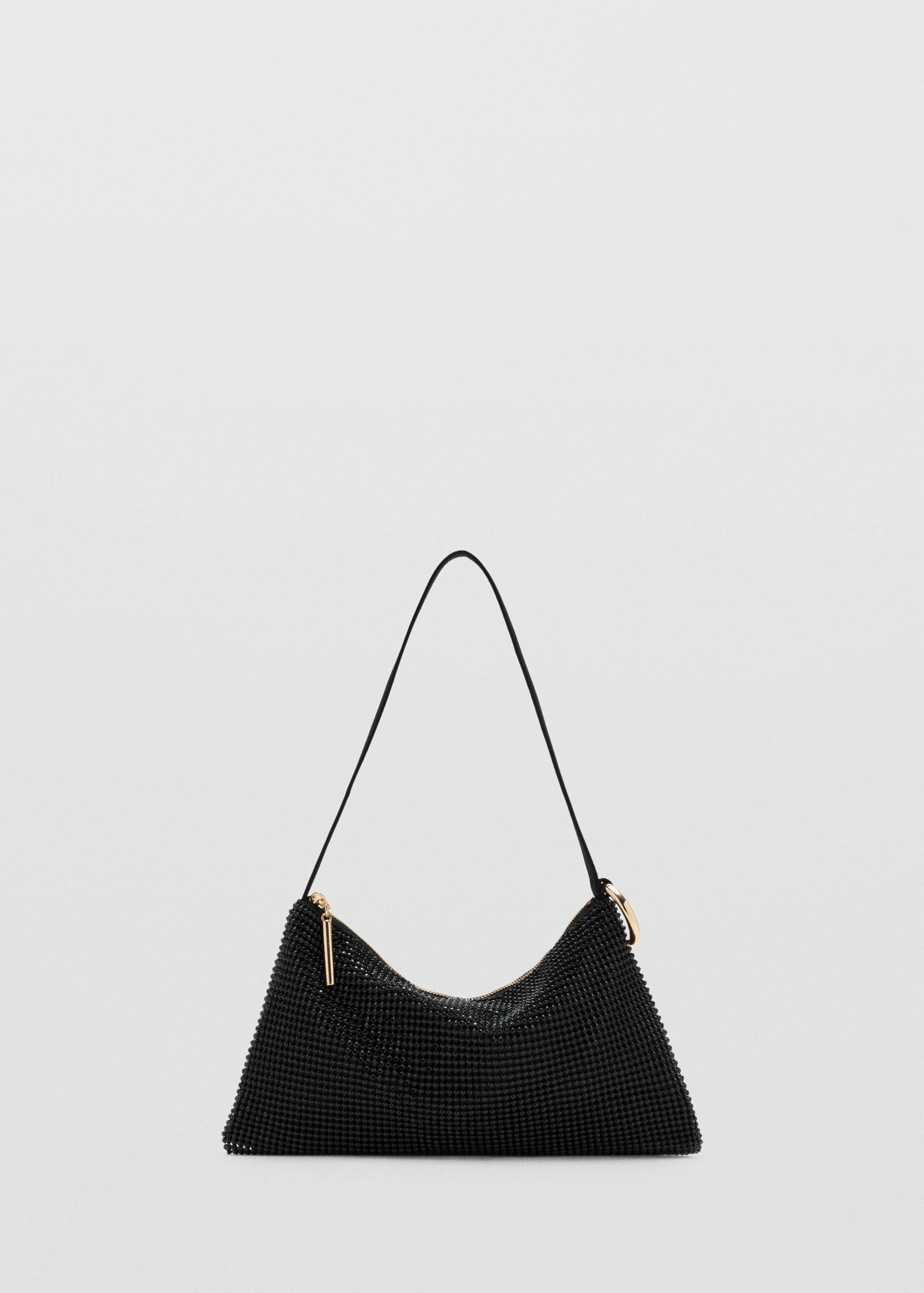 Black rhinestone shoulder bag with a thin strap and gold hardware.