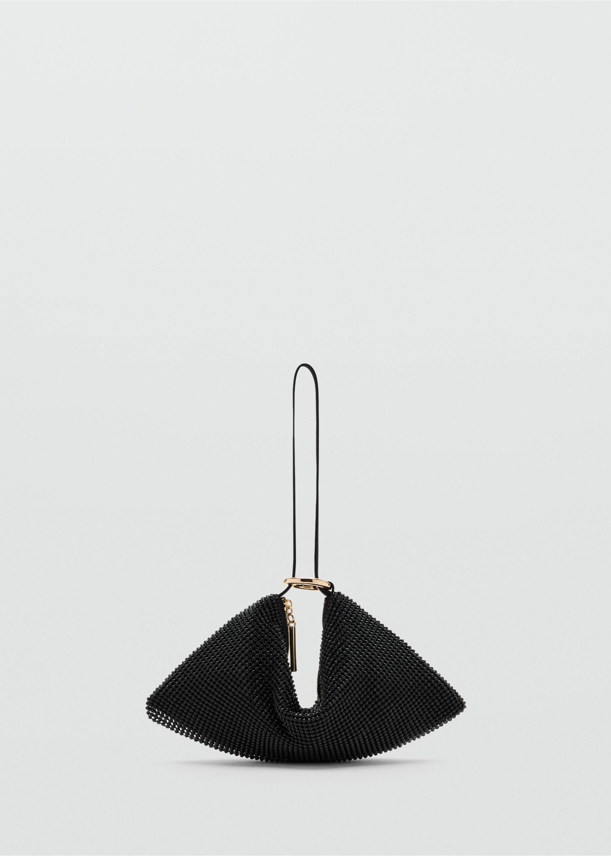 Black beaded triangular handbag with gold-tone metal ring hardware., Black. Ref: 37099113-00.