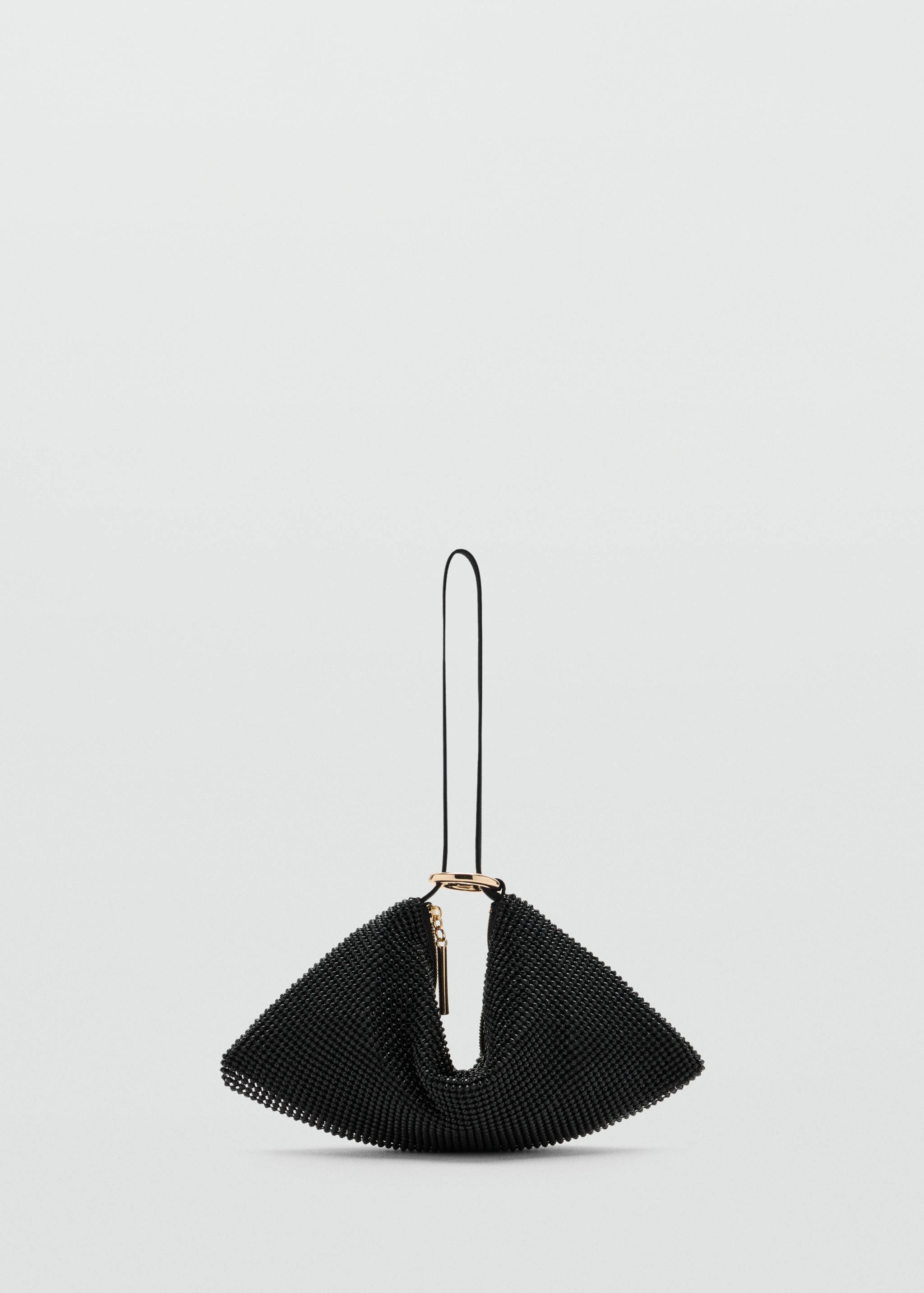 Black beaded triangular handbag with gold-tone metal ring hardware.