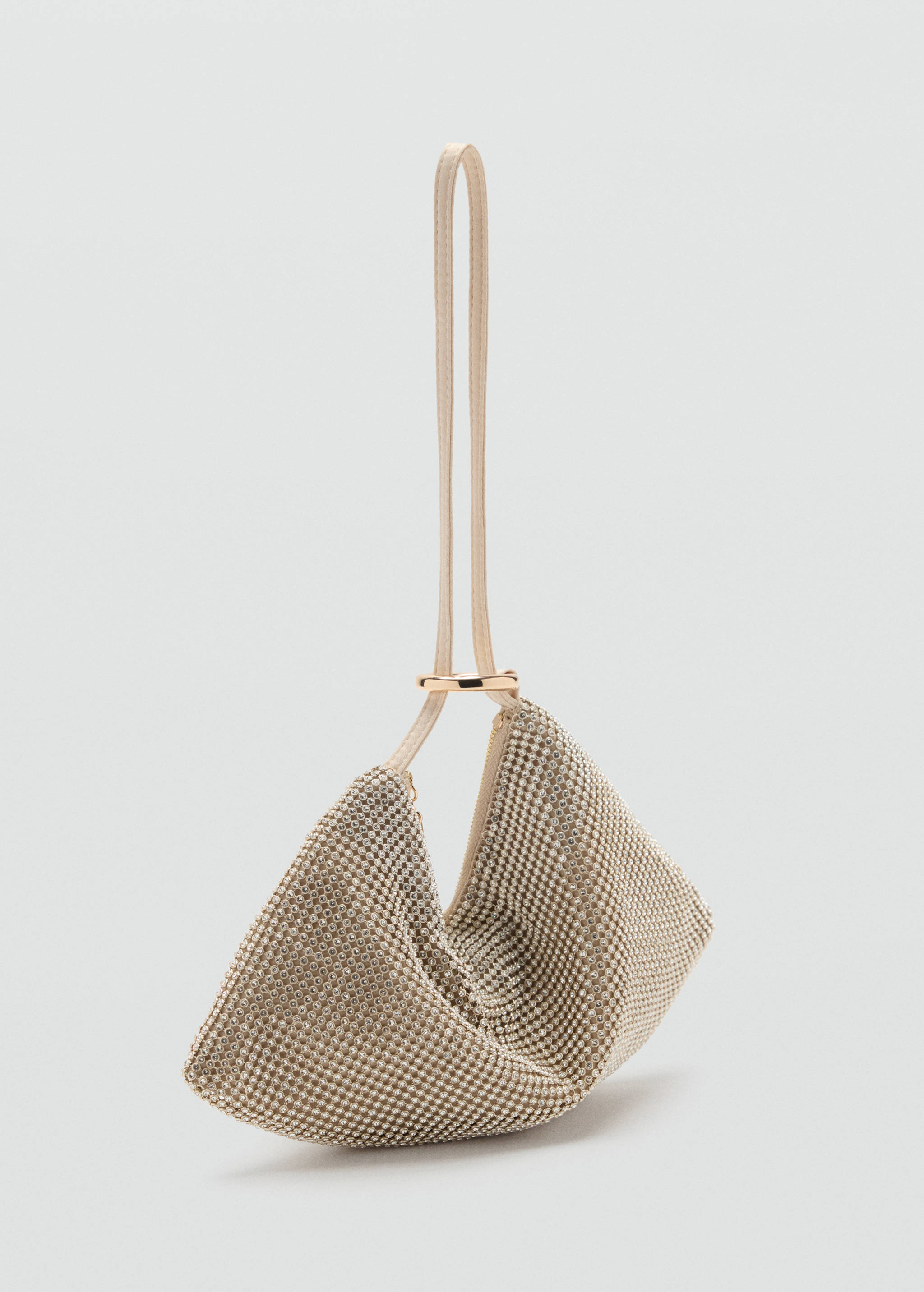 Rhinestone-covered handbag with a folded silhouette and a tubular strap through a metal ring.