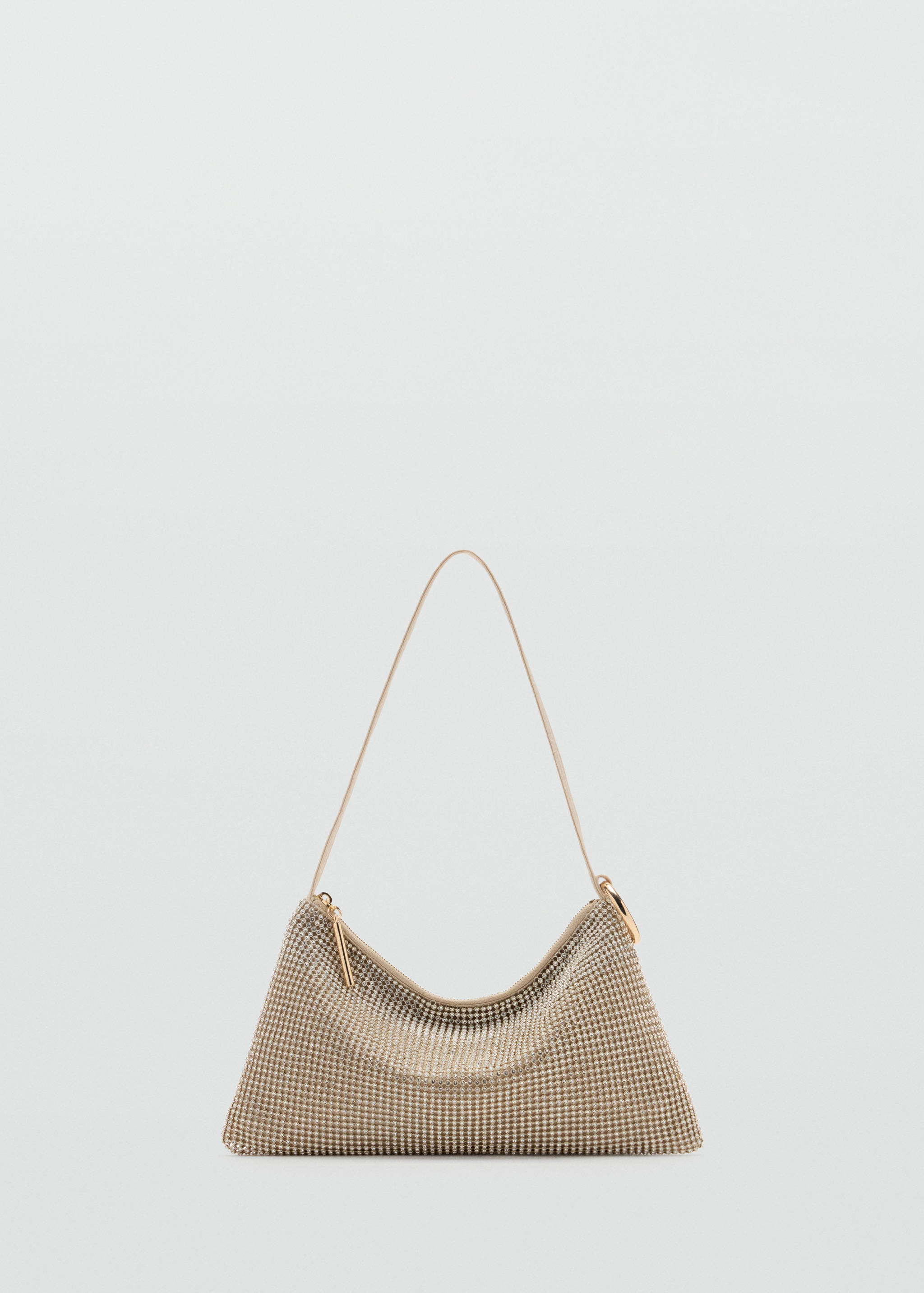 Sparkling crystal-embellished shoulder bag in champagne with a thin strap and gold-tone hardware.