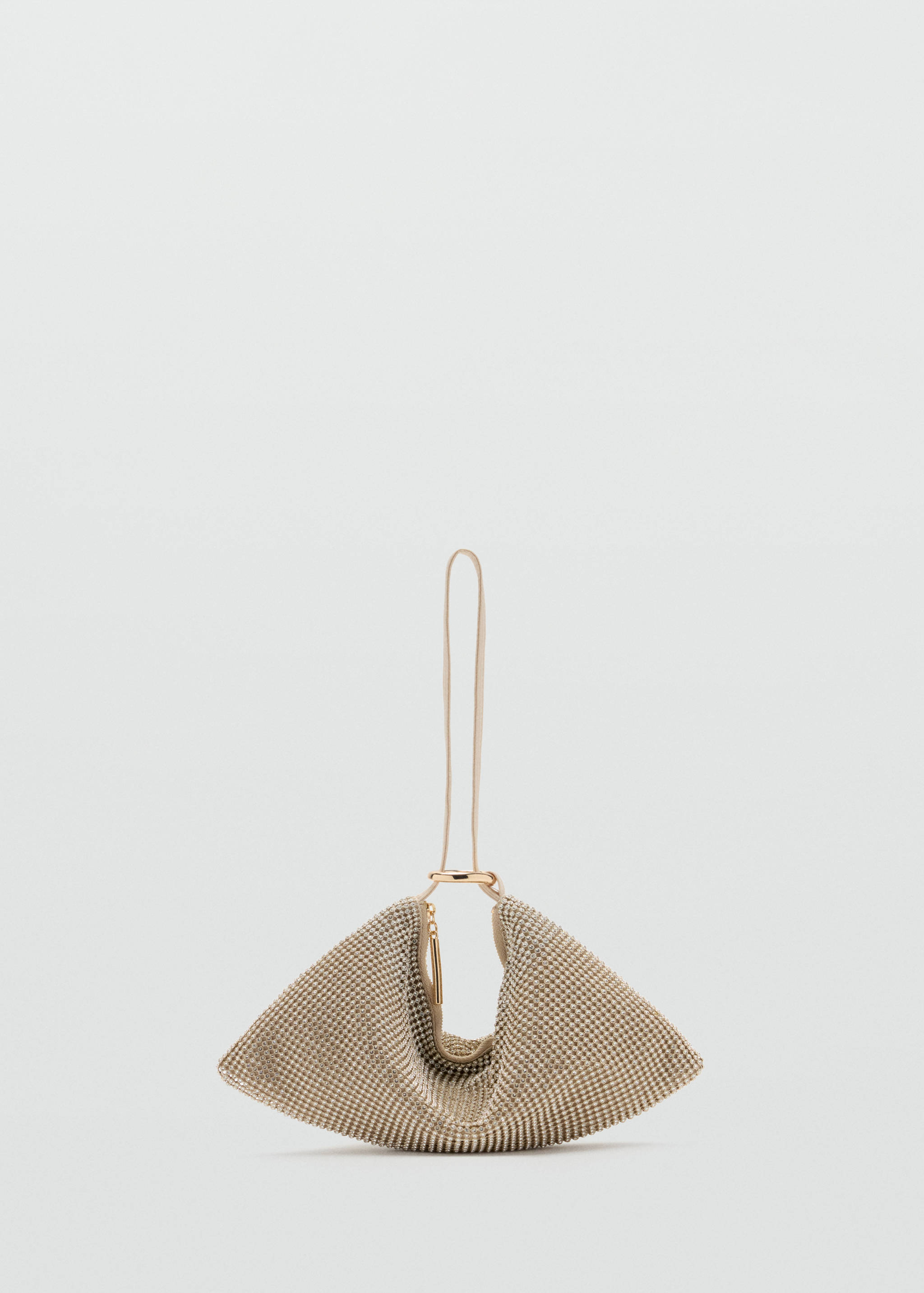 Sparkling gold crystal-embossed handbag with a U-shaped metal handle.