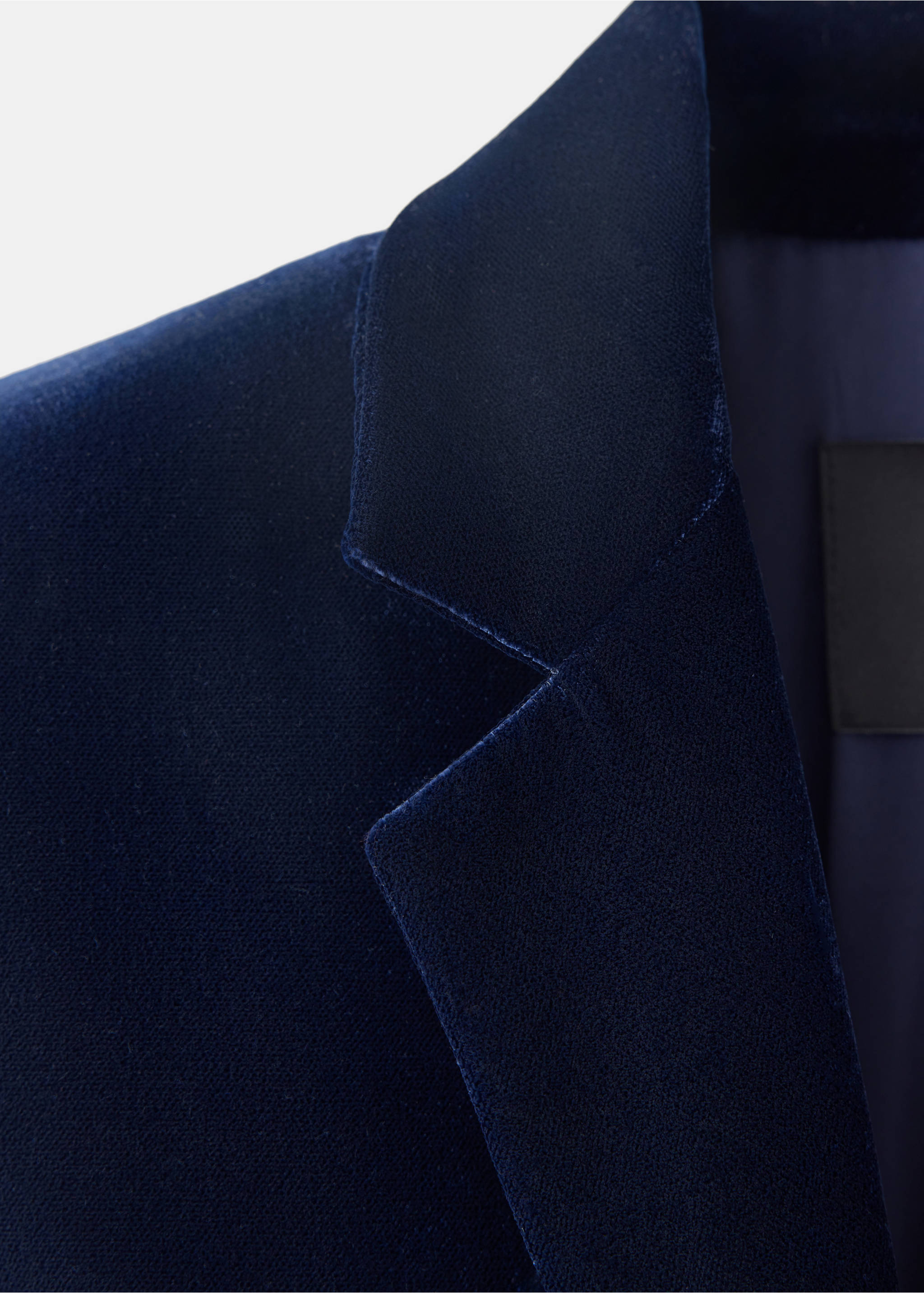 Close-up of navy blue velvet blazer lapel., Navy. Ref: 37099114-00.