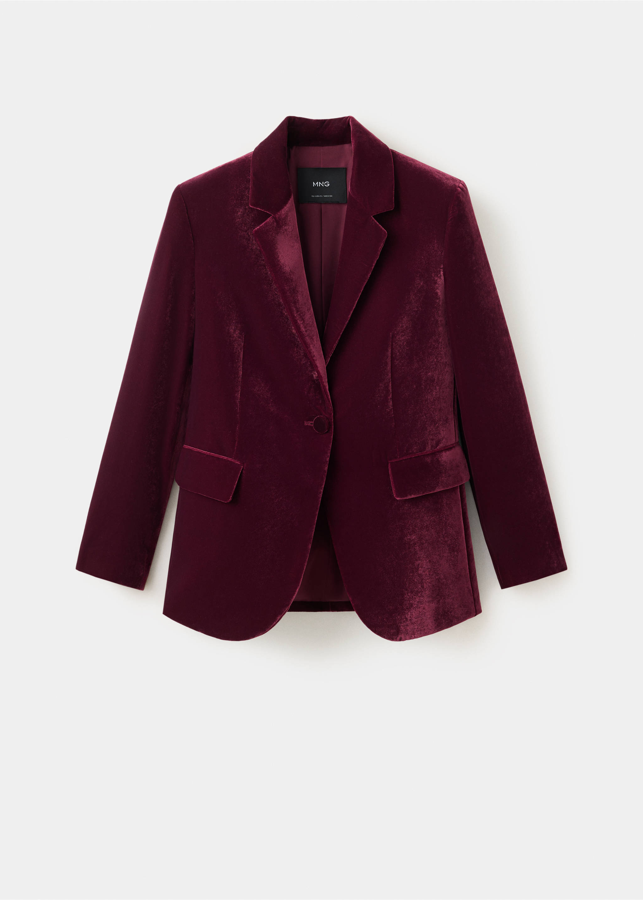 Burgundy velvet blazer with lapels and single-button closure., Maroon. Ref: 37099114-00.
