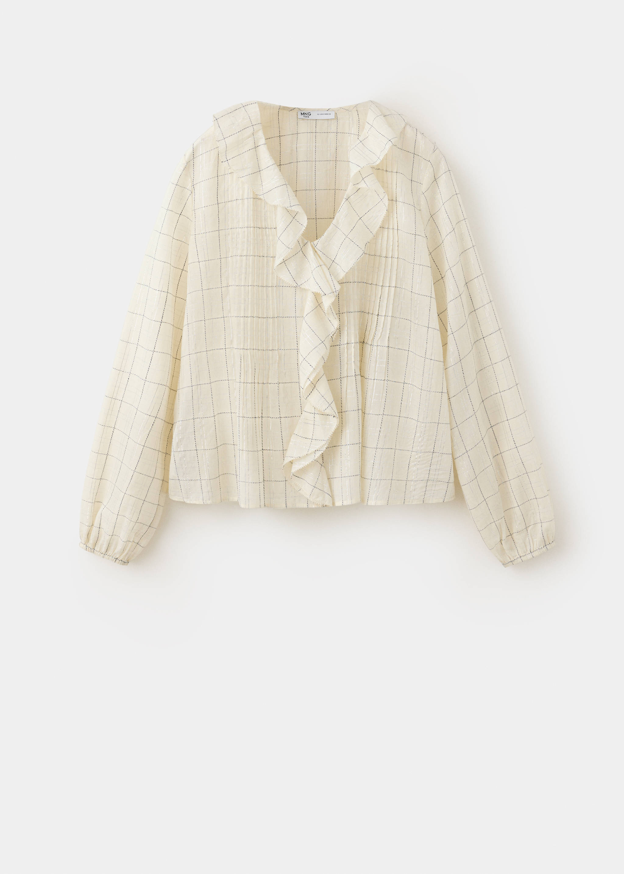 Blusa de cuadros en tono crema con cuello volantado y manga larga