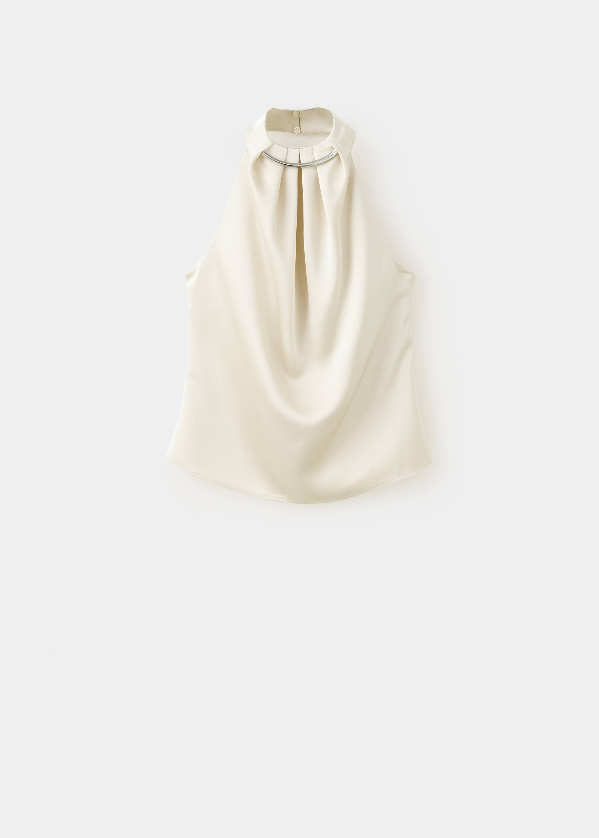 Ivory satin halterneck top with a metallic ring detail.