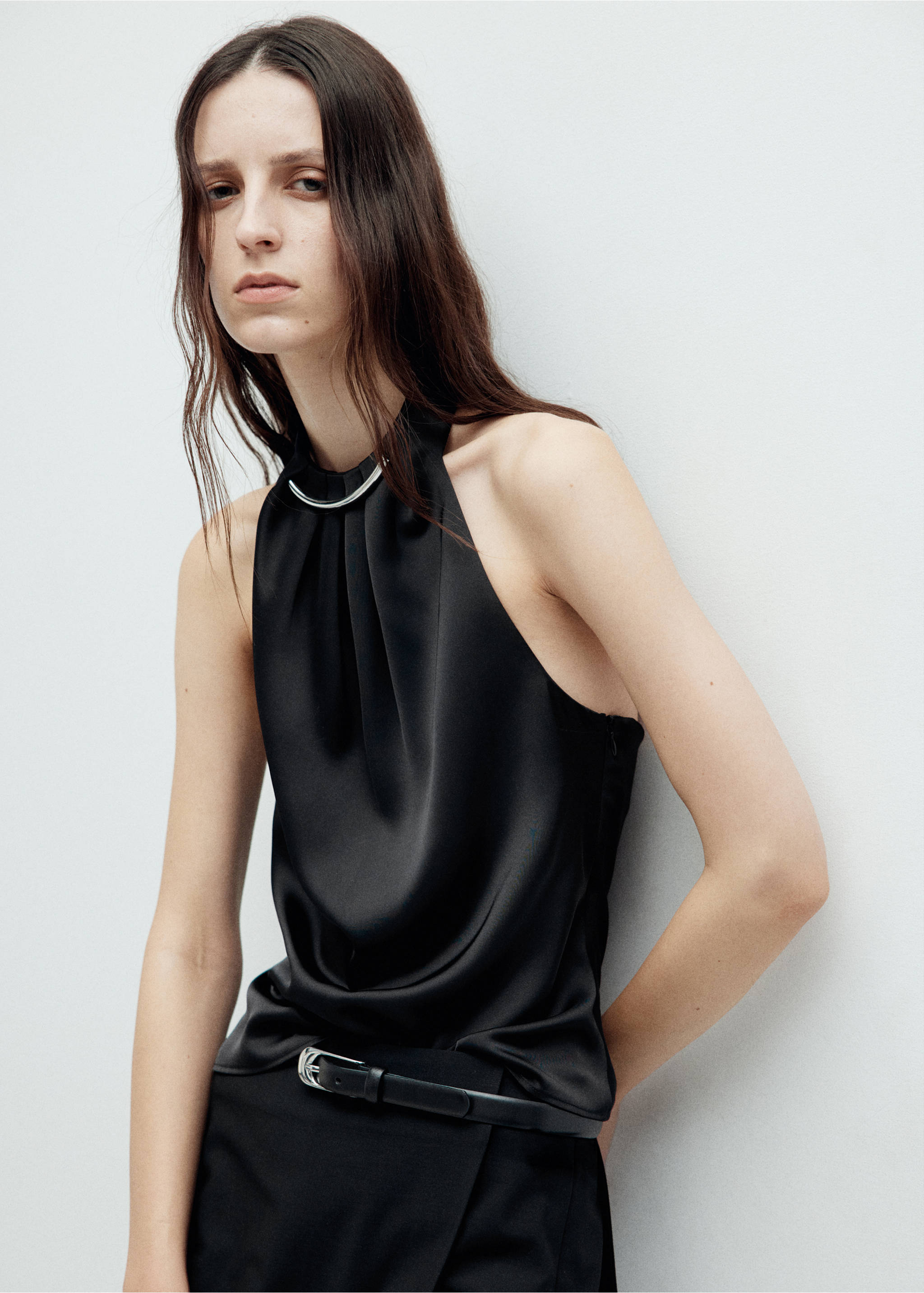 Black satin halterneck top with a metallic neck ring detail., Black. Ref: 37099116-00.