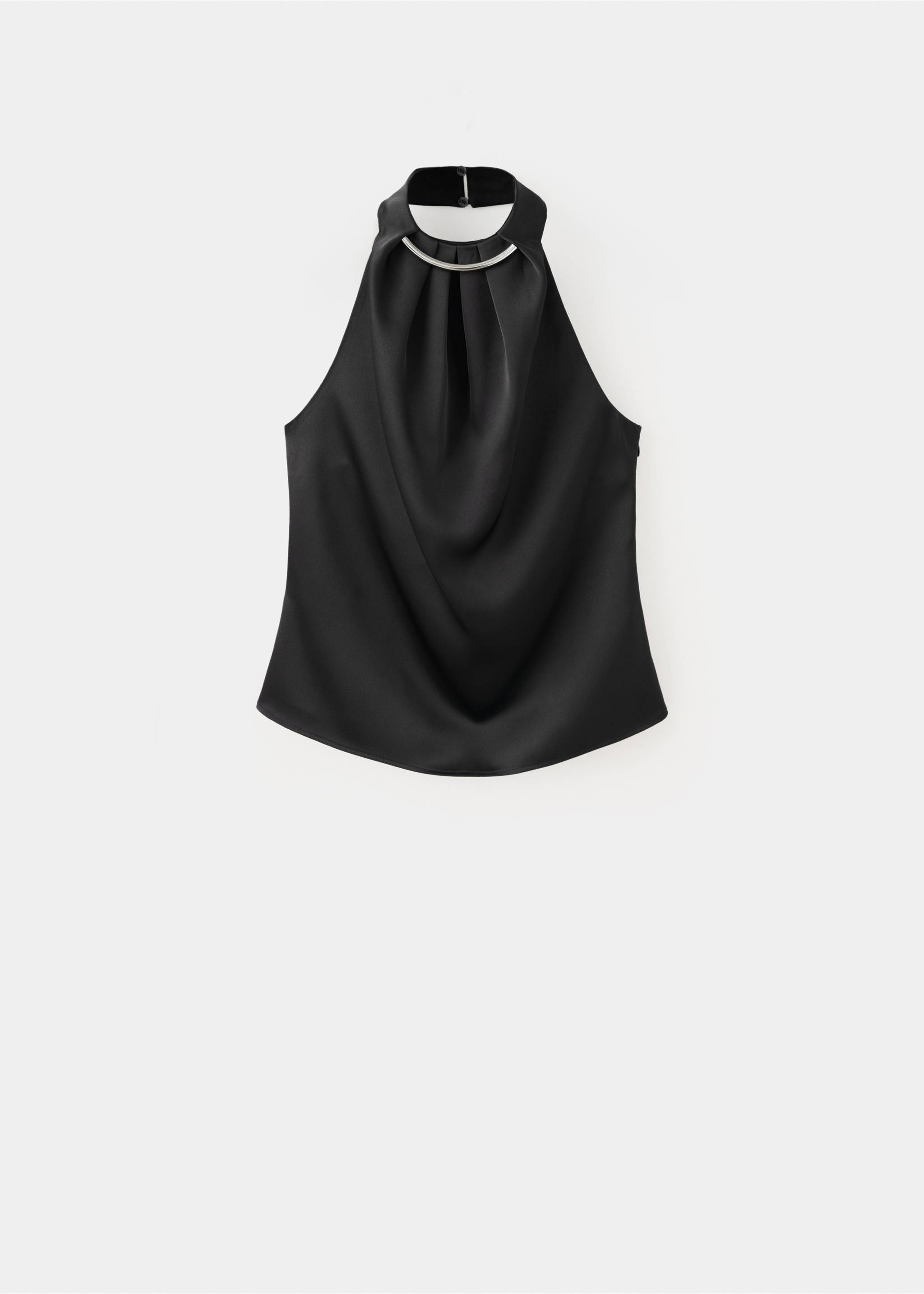 Black satin halter top with a high pleated neckline and a metallic silver ring detail., Black. Ref: 37099116-00.