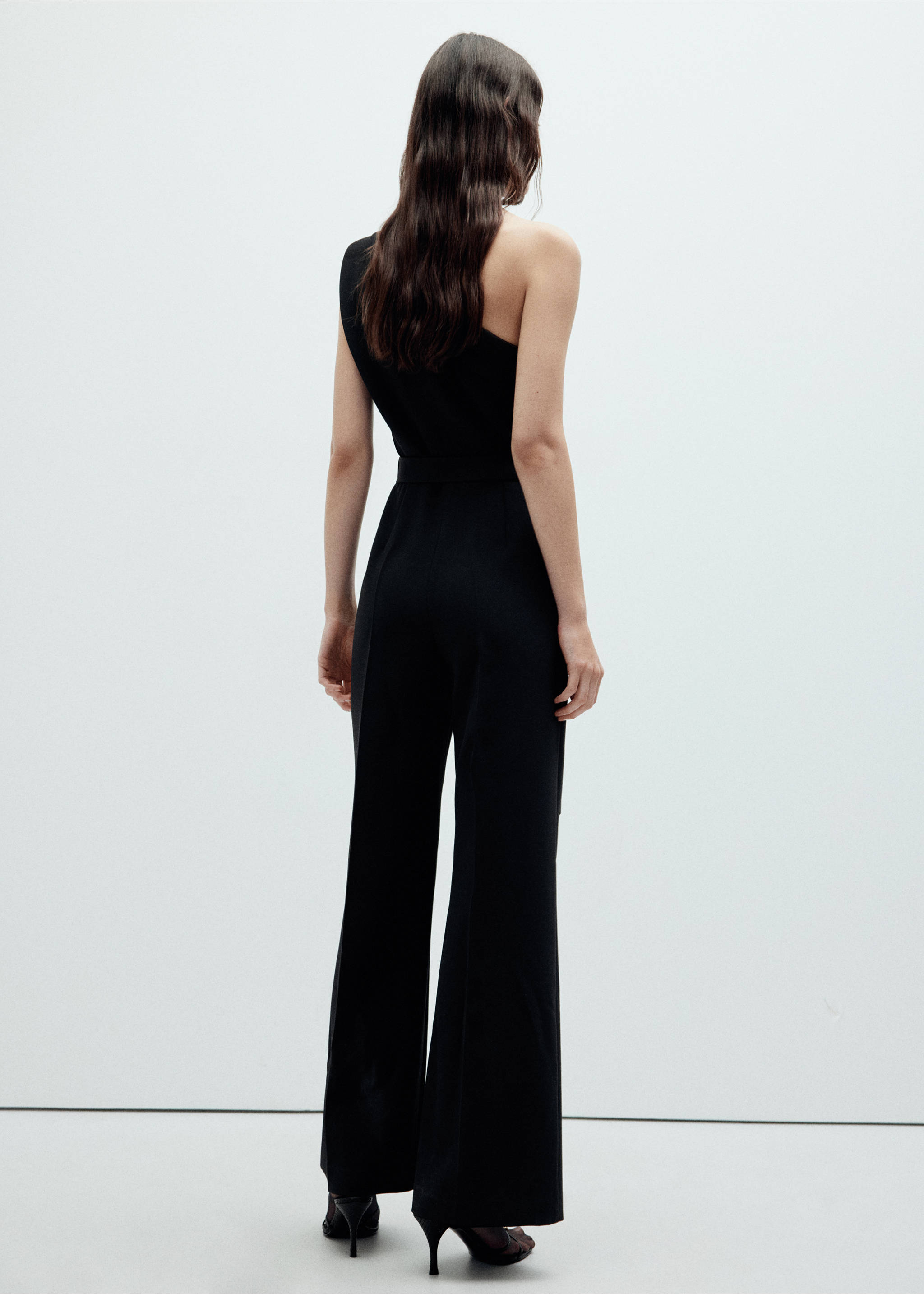 Back view of a black one-shoulder jumpsuit with long straight trousers., Black. Ref: 37099121-00.