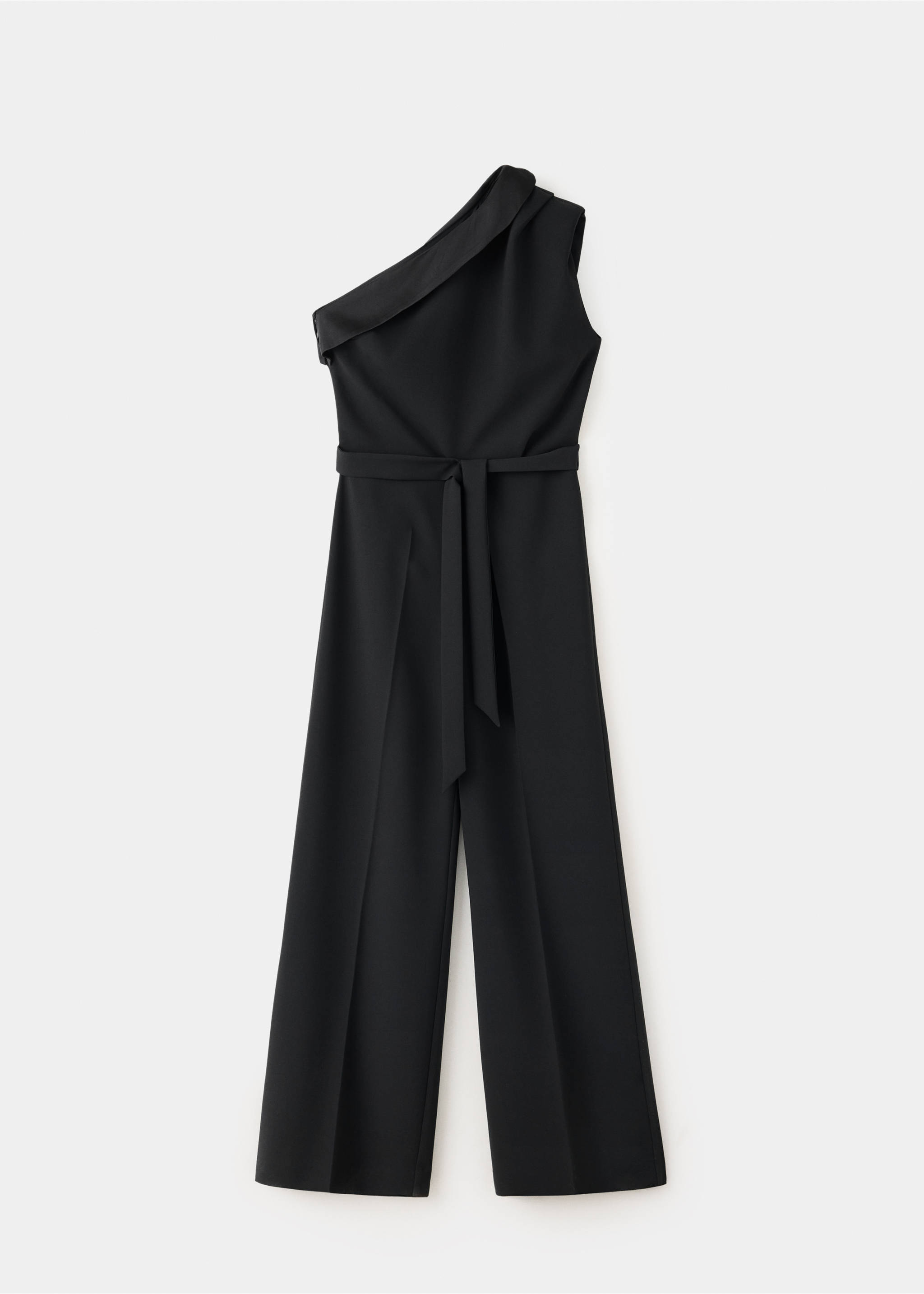 Black one-shoulder jumpsuit featuring a fitted waist with a tie belt., Black. Ref: 37099121-00.