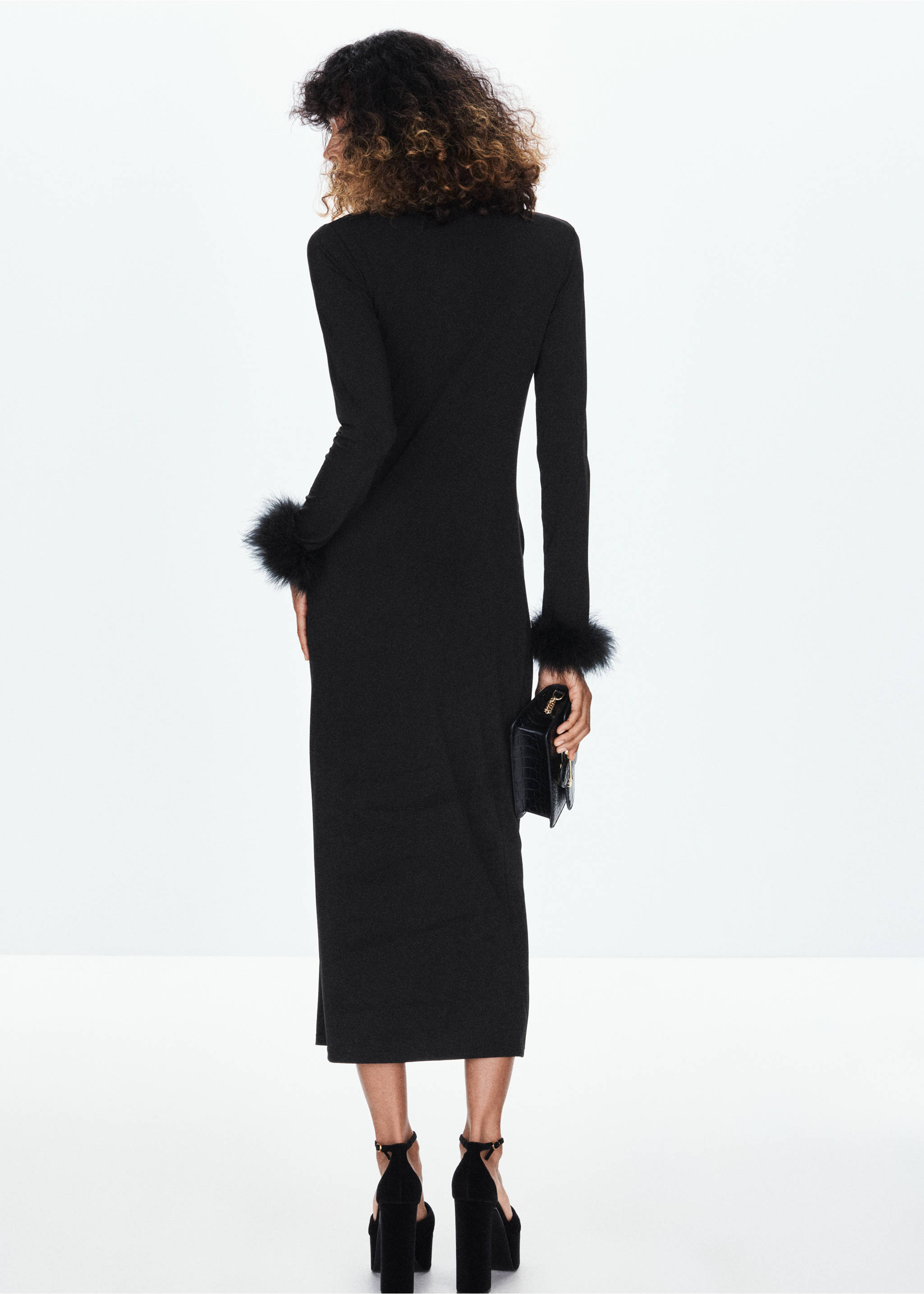 Black midi dress with long sleeves and faux-fur cuffs, back view., Black. Ref: 37099122-00.