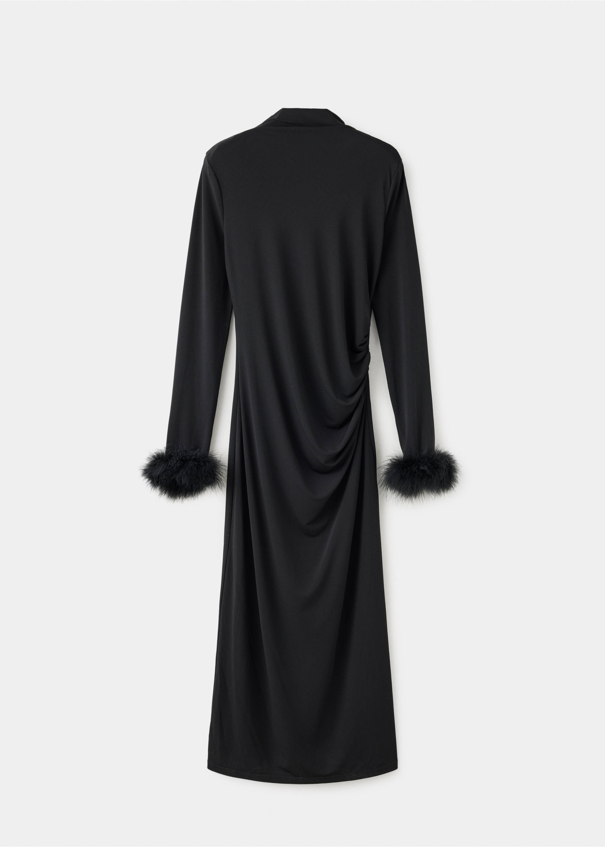 Black long-sleeved dress with faux-fur cuffs and side draping, back view., Black. Ref: 37099122-00.