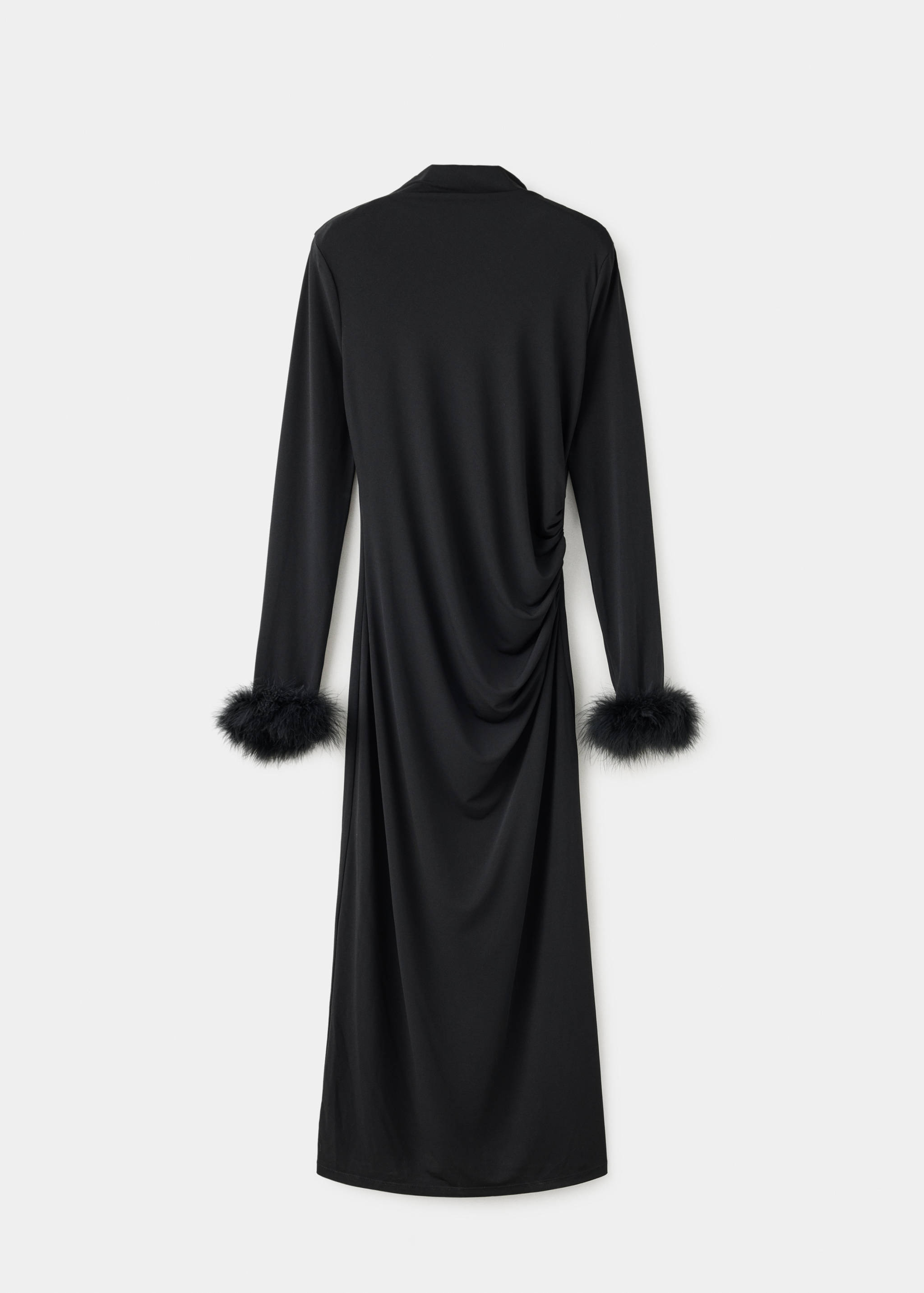 Black long-sleeved dress with faux-fur cuffs and side draping, back view.