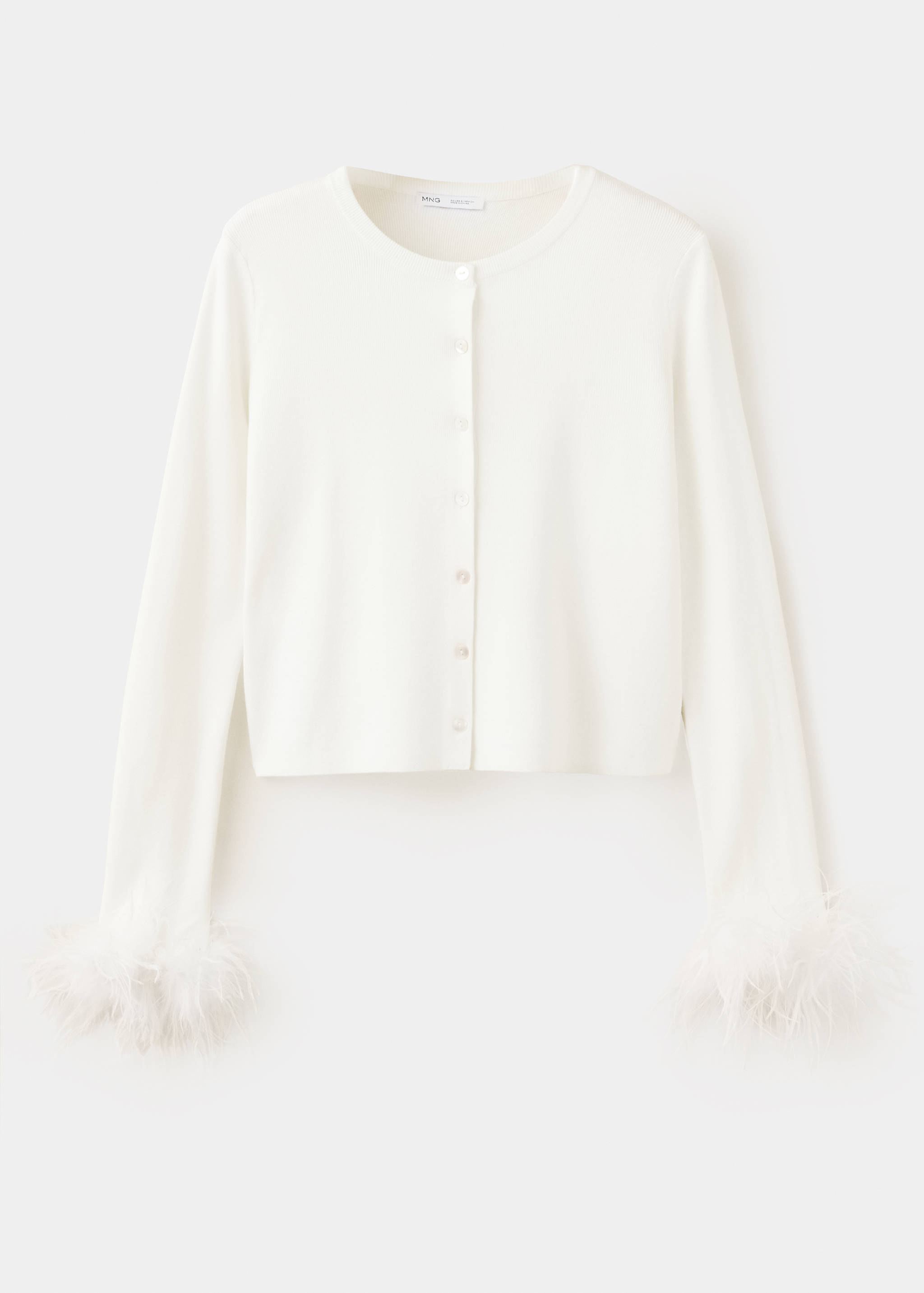 Cárdigan de punto blanco de manga larga con cuello redondo y puños de plumas sintéticas.
