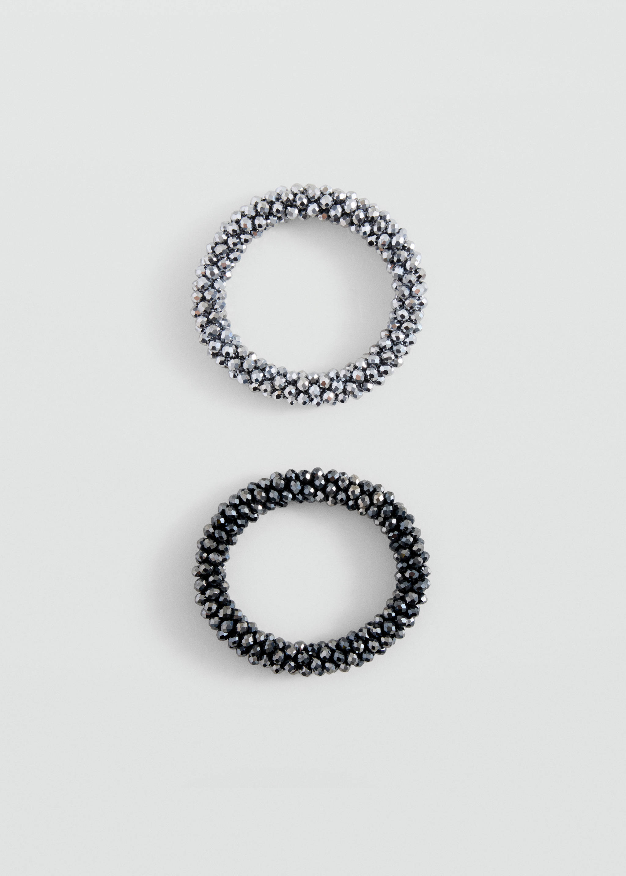 Pack of two beaded bracelets in silver and dark grey.