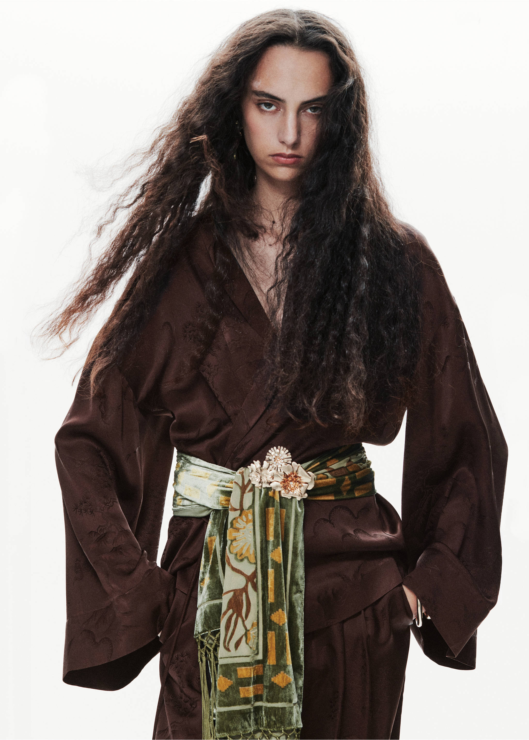 Brown jacquard blazer styled with a wide green patterned velvet sash belt., Brown. Ref: 37099128-00.