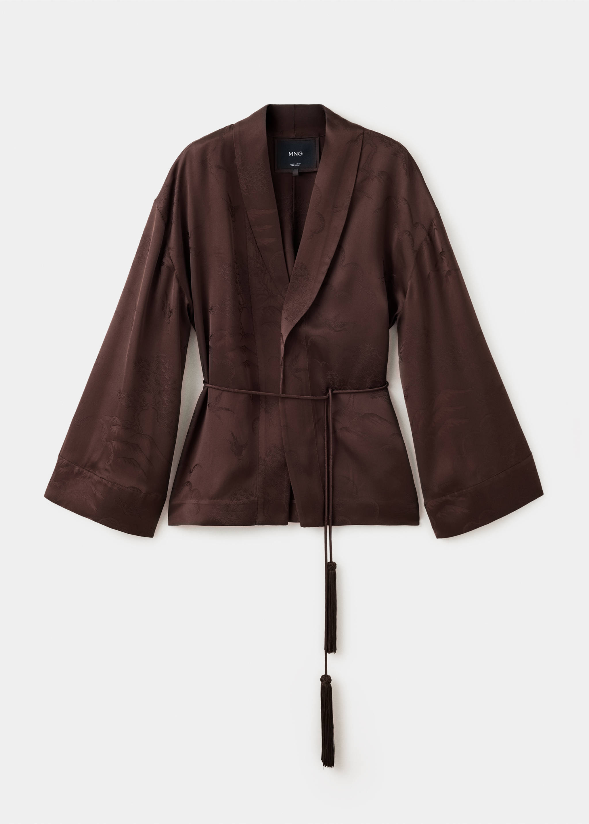 Dark brown kimono-style blazer with a shawl collar and tie belt., Brown. Ref: 37099128-00.